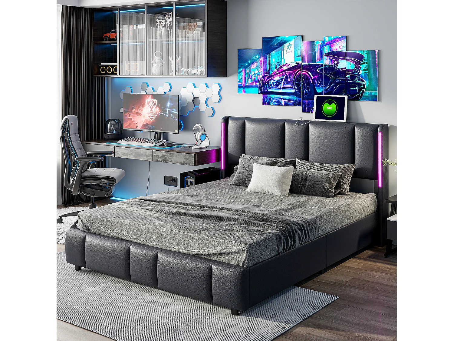 Lit Capitonné 140 X 200 Cm, Avec LED Et USB De Type C, Lit Double Avec Sommier à Lattes, Pu, Noir