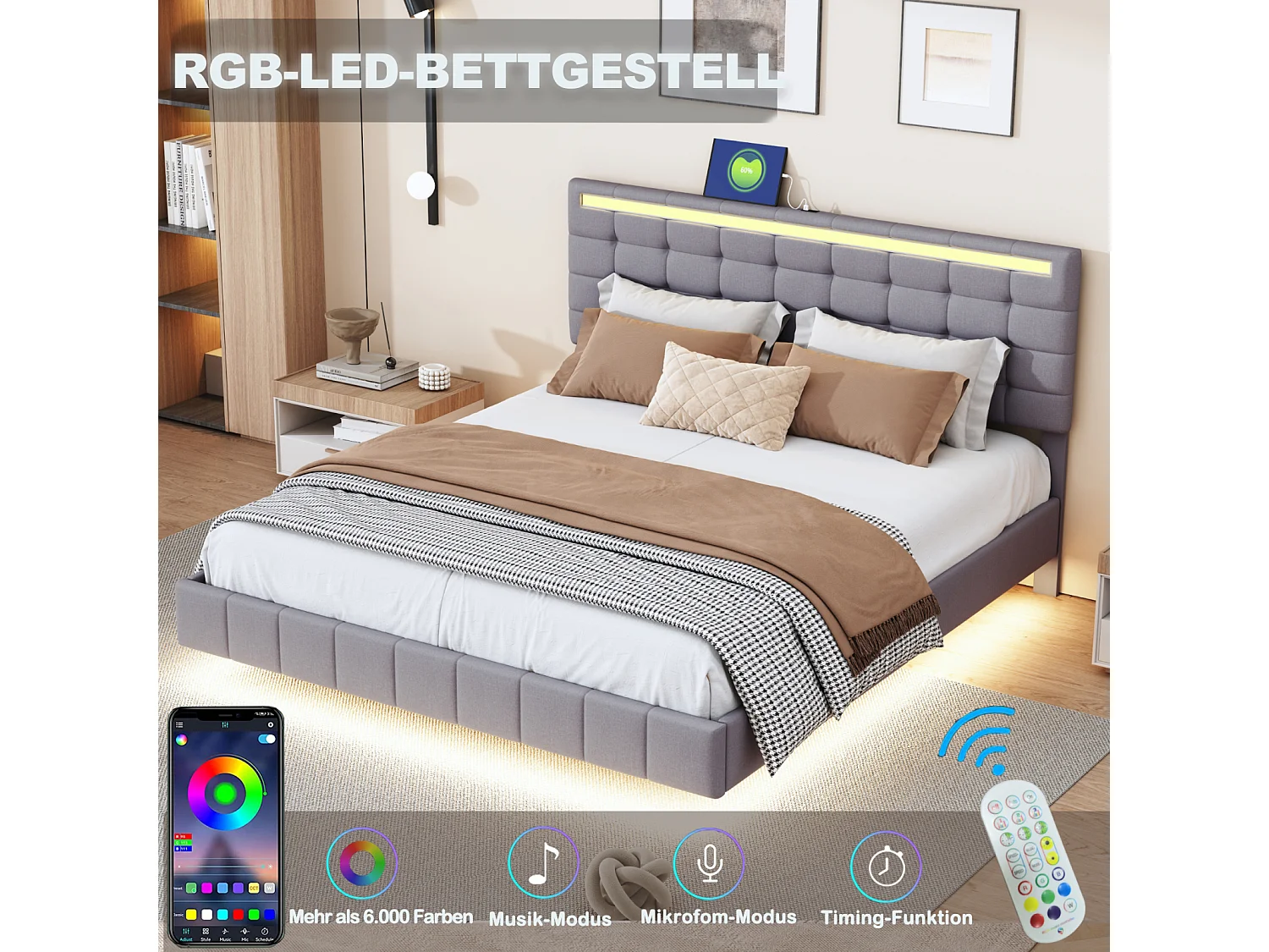 Doppelbett 160 x 200 cm, Gepolstertes Schwebebettgestell, Mit LED, Leinen, Grau