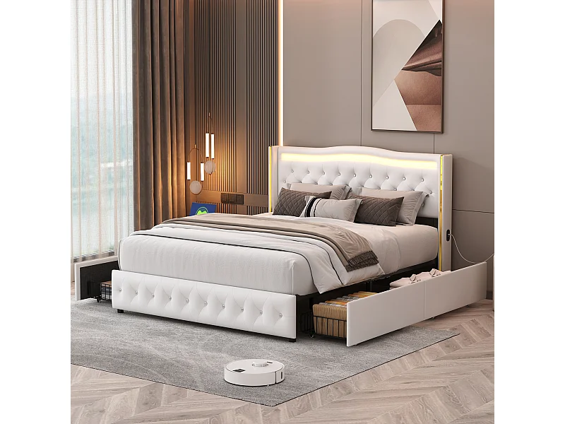 Letto matrimoniale 140x200 cm con 4 cassetti e illuminazione a LED, porta di ricarica USB, similpelle, bianco