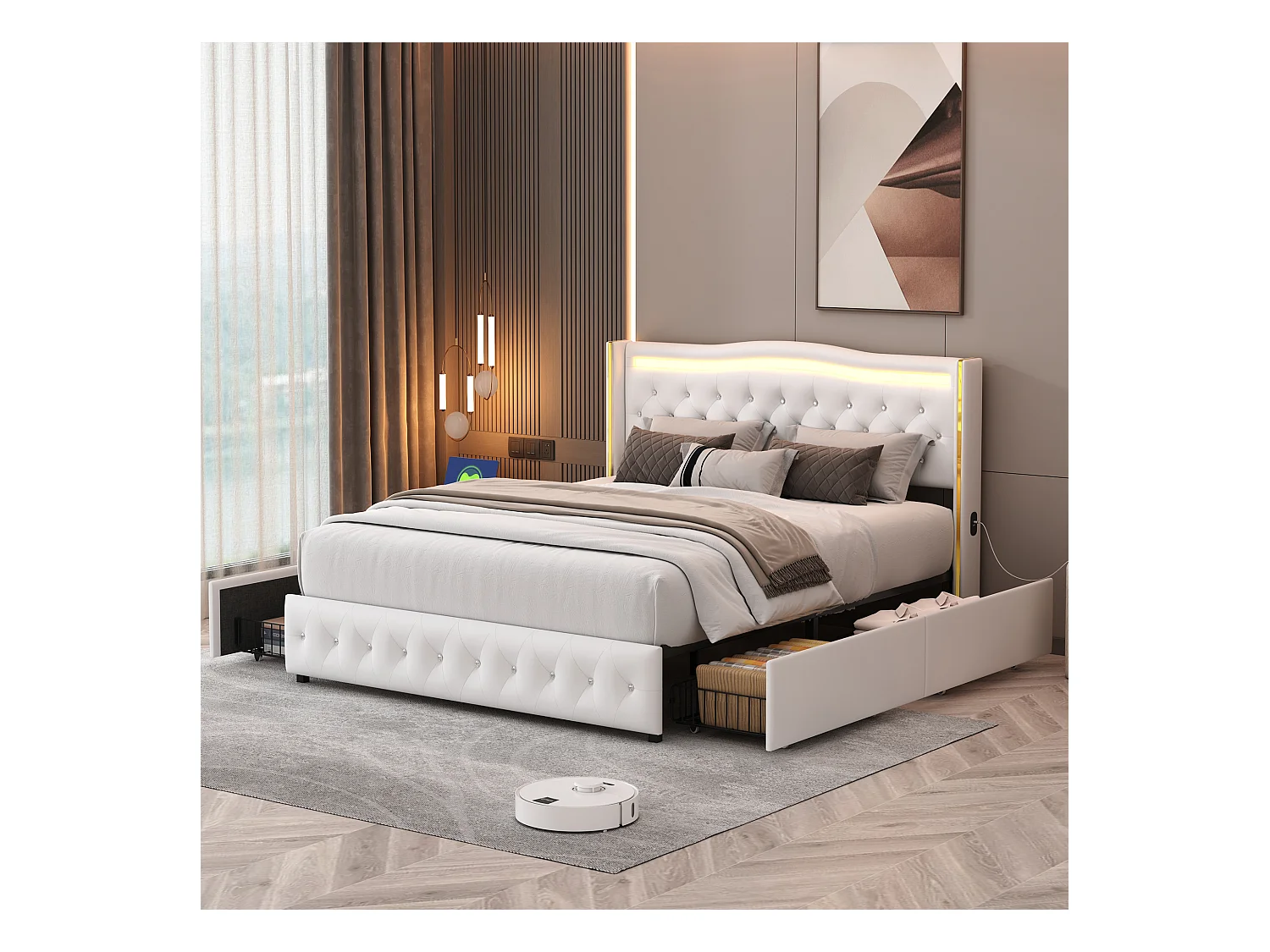 Lit 140x200cm, Lit Double Avec 4 Tiroirs Et Éclairage LED, Port De Chargement USB,simili Cuir, Blanc