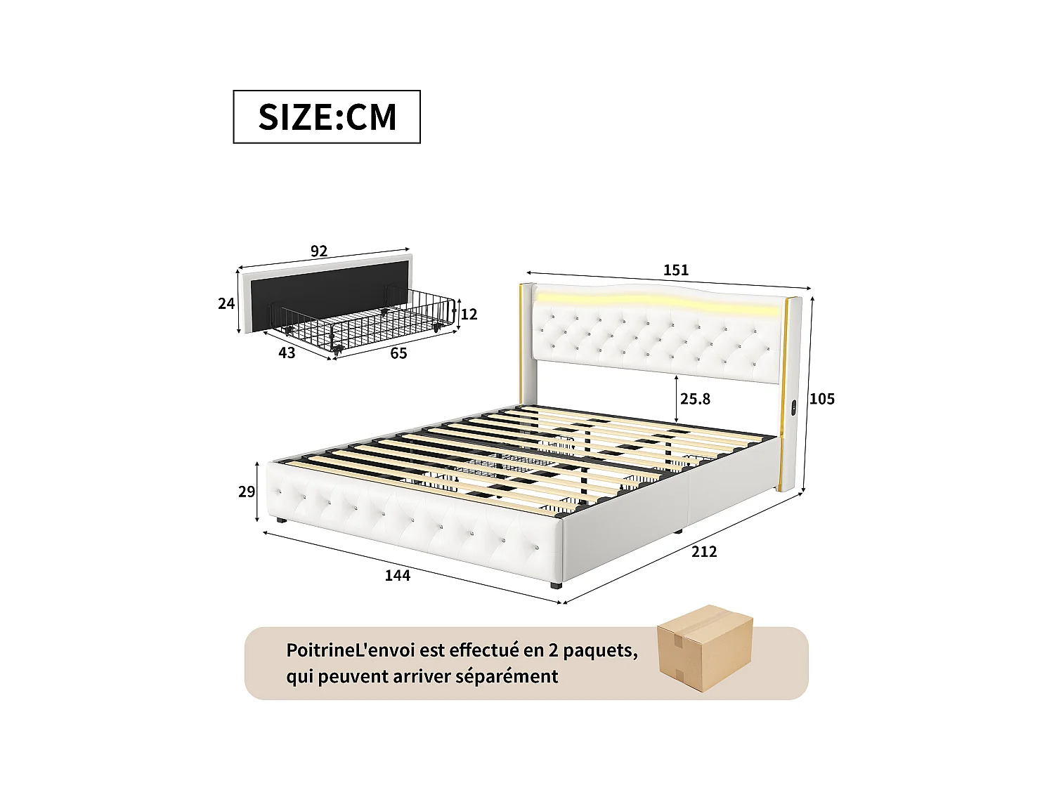 Lit 140x200cm, Lit Double Avec 4 Tiroirs Et Éclairage LED, Port De Chargement USB,simili Cuir, Blanc
