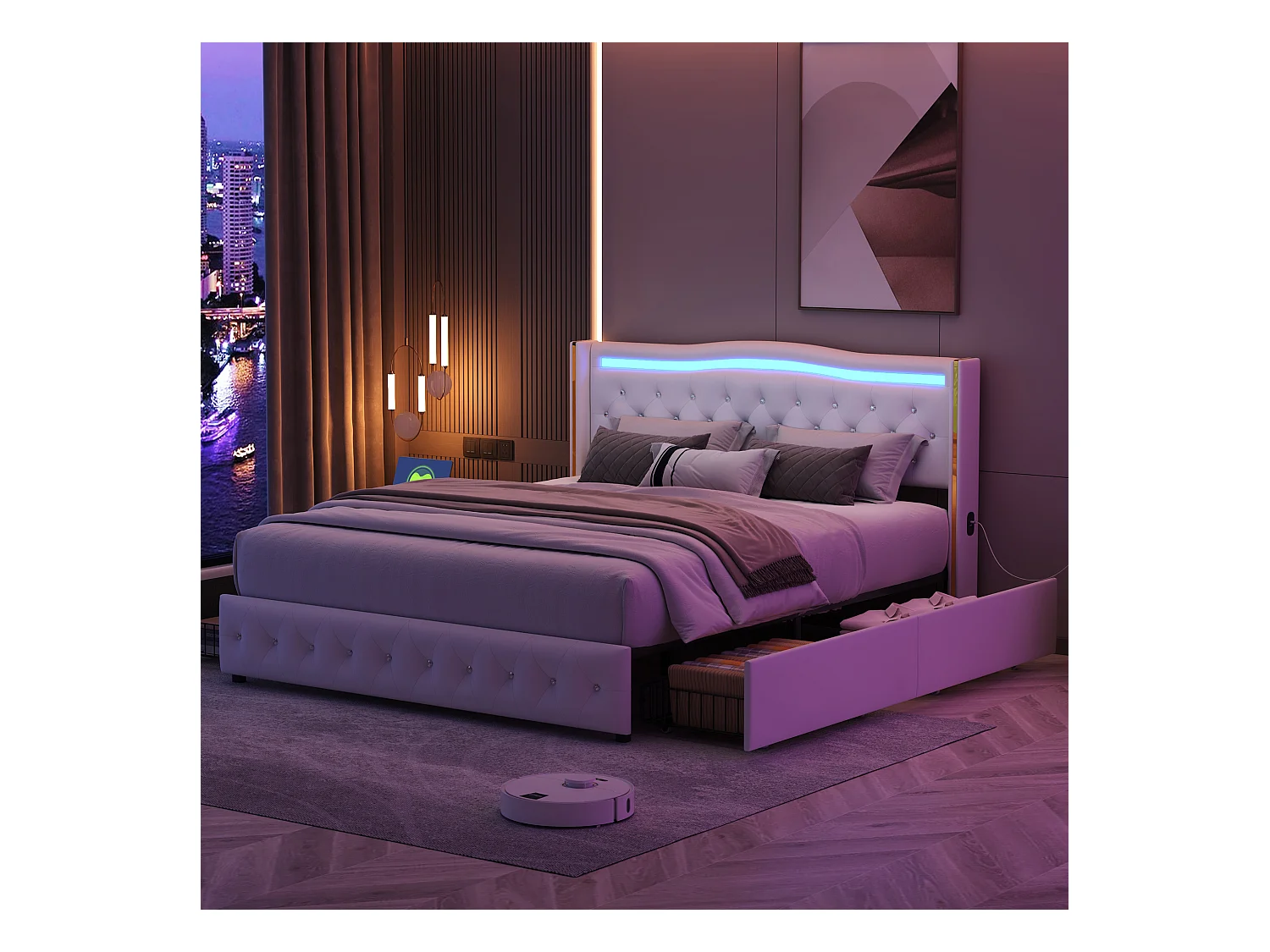 Lit 140x200cm, Lit Double Avec 4 Tiroirs Et Éclairage LED, Port De Chargement USB,simili Cuir, Blanc