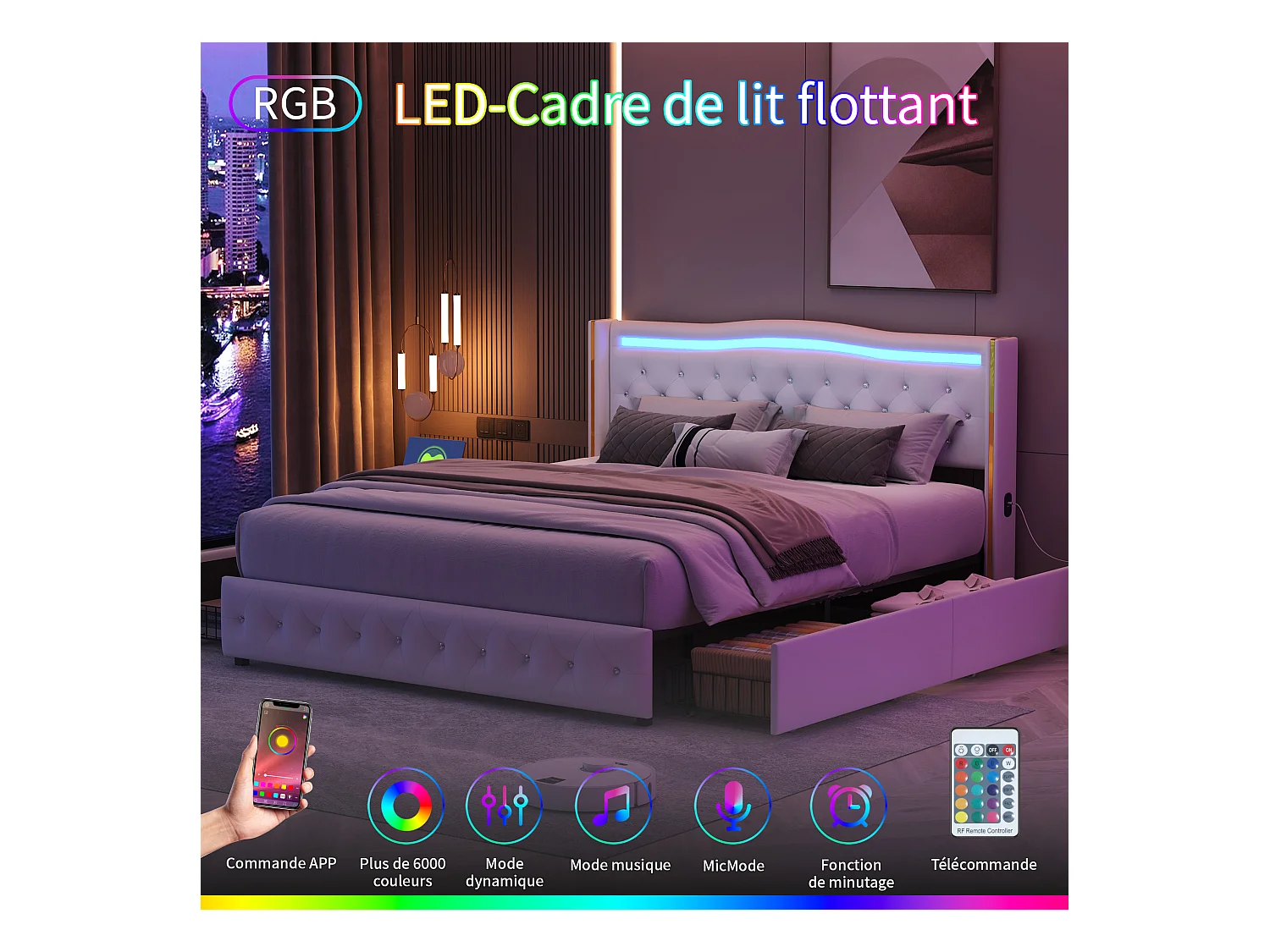 Lit 140x200cm, Lit Double Avec 4 Tiroirs Et Éclairage LED, Port De Chargement USB,simili Cuir, Blanc