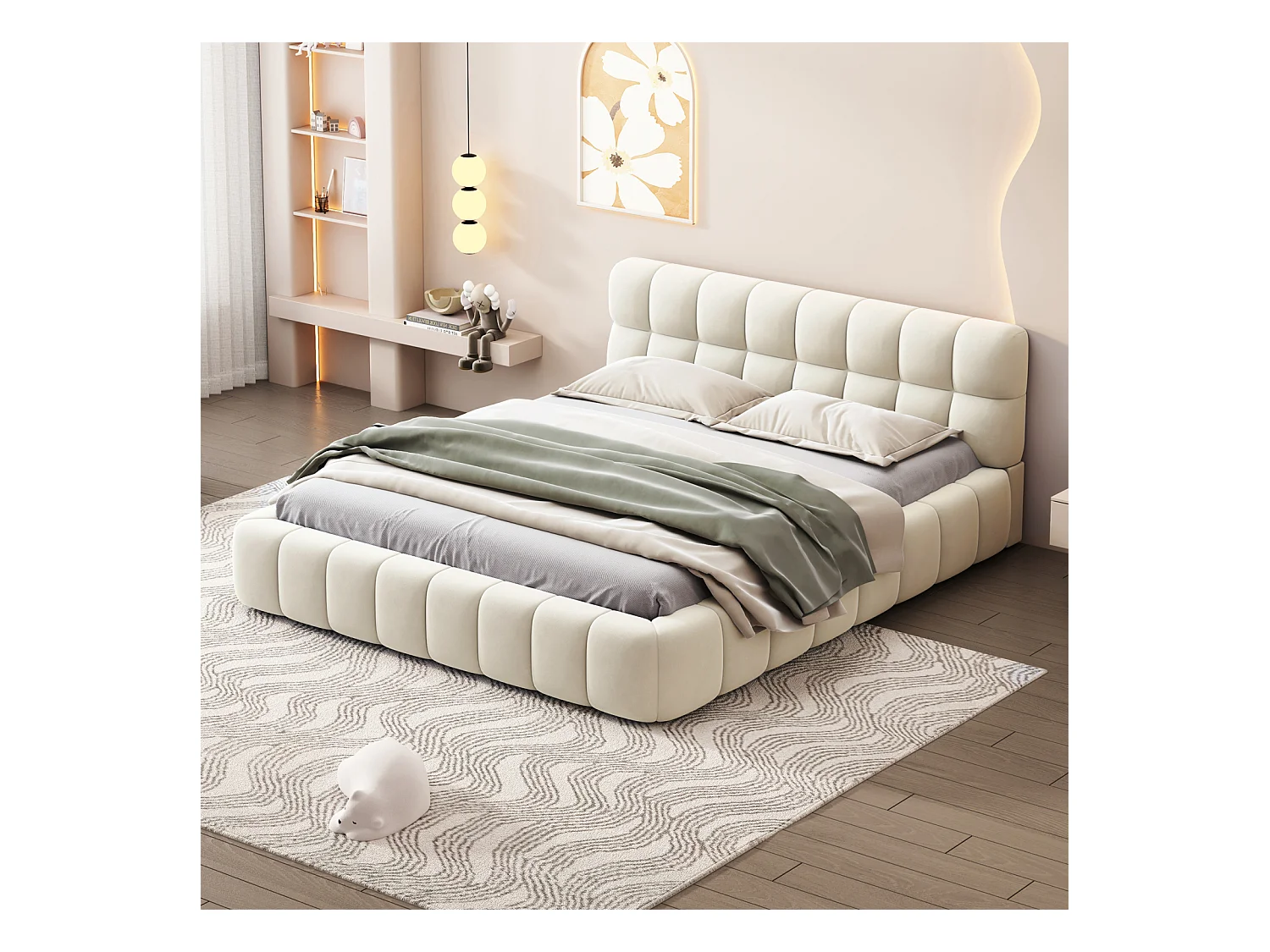 Lit Adulte 140x190cm En Lin Avec Dossier Moelleux, Lit Plat Avec Sommier à Lattes, Beige