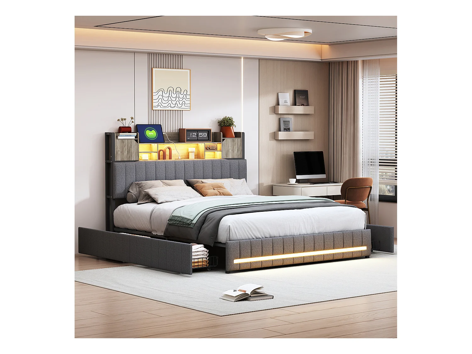 Lit 160 X 200 Cm Avec Tête De Lit LED Et USB, 4 Tiroirs De Rangement, Sommier à Lattes, Lin, Gris