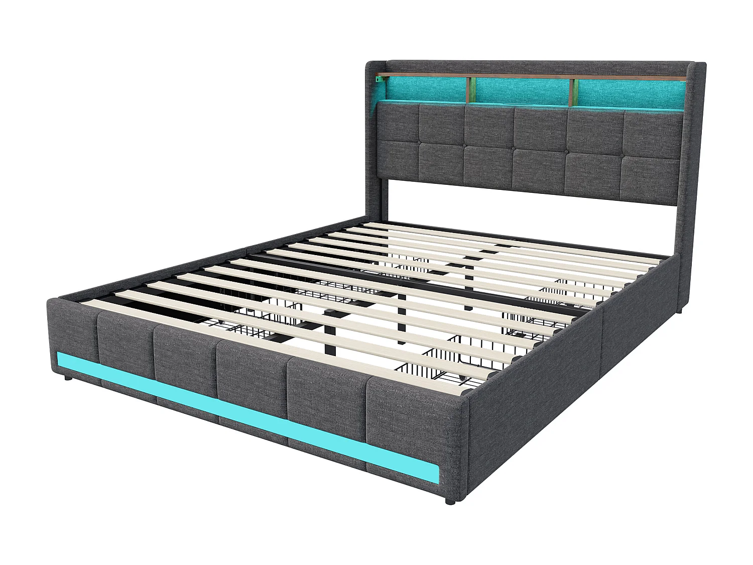 Lit 140x190 Cm Avec Sommier Éclairage LED Et USB, 4 Tiroirs Et Tête De Lit De Rangement, Lin, Gris