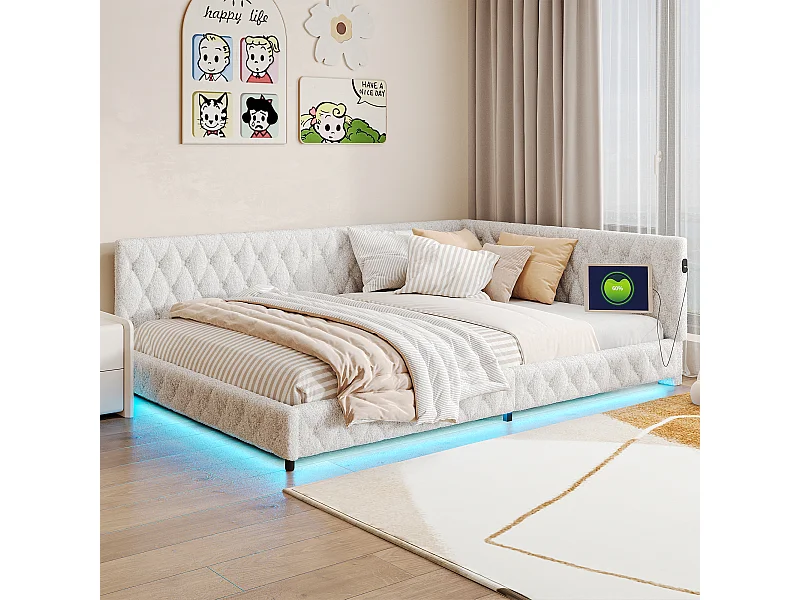 Bed 140x200cm, tweepersoonsbed met led-verlichting, USB-poort, type C, pluche stof, slaapbank, beige