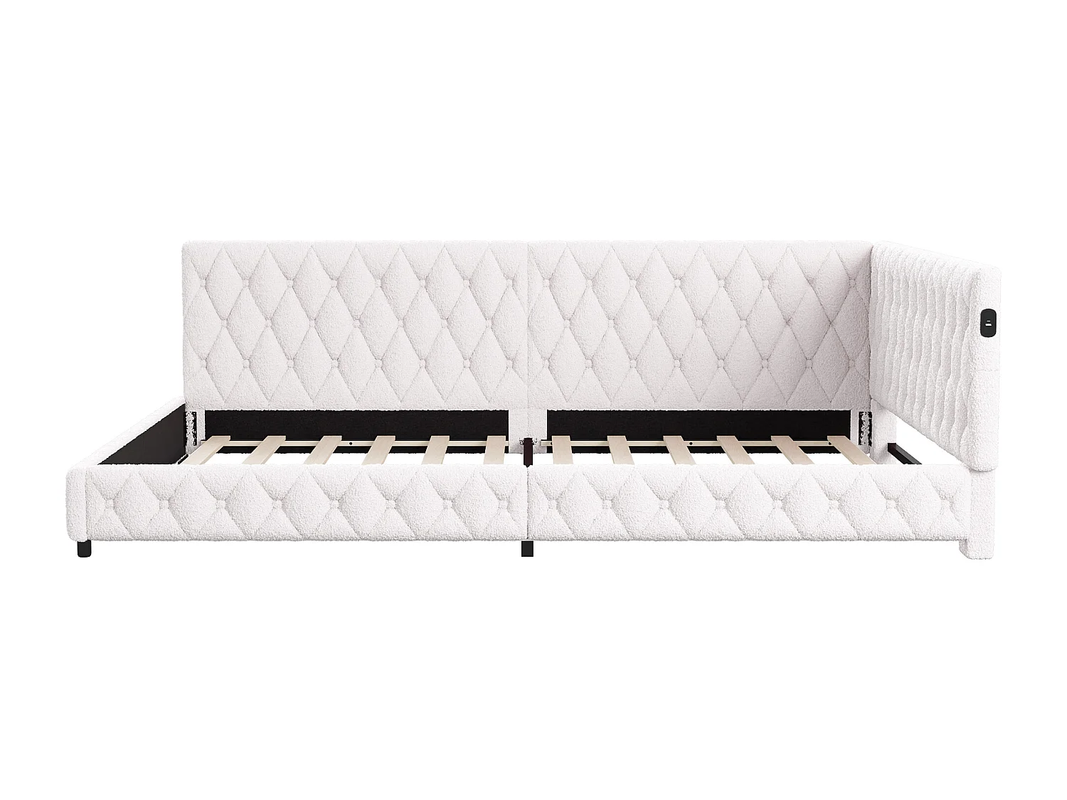 Bed 140x200cm, tweepersoonsbed met led-verlichting, USB-poort, type C, pluche stof, slaapbank, beige