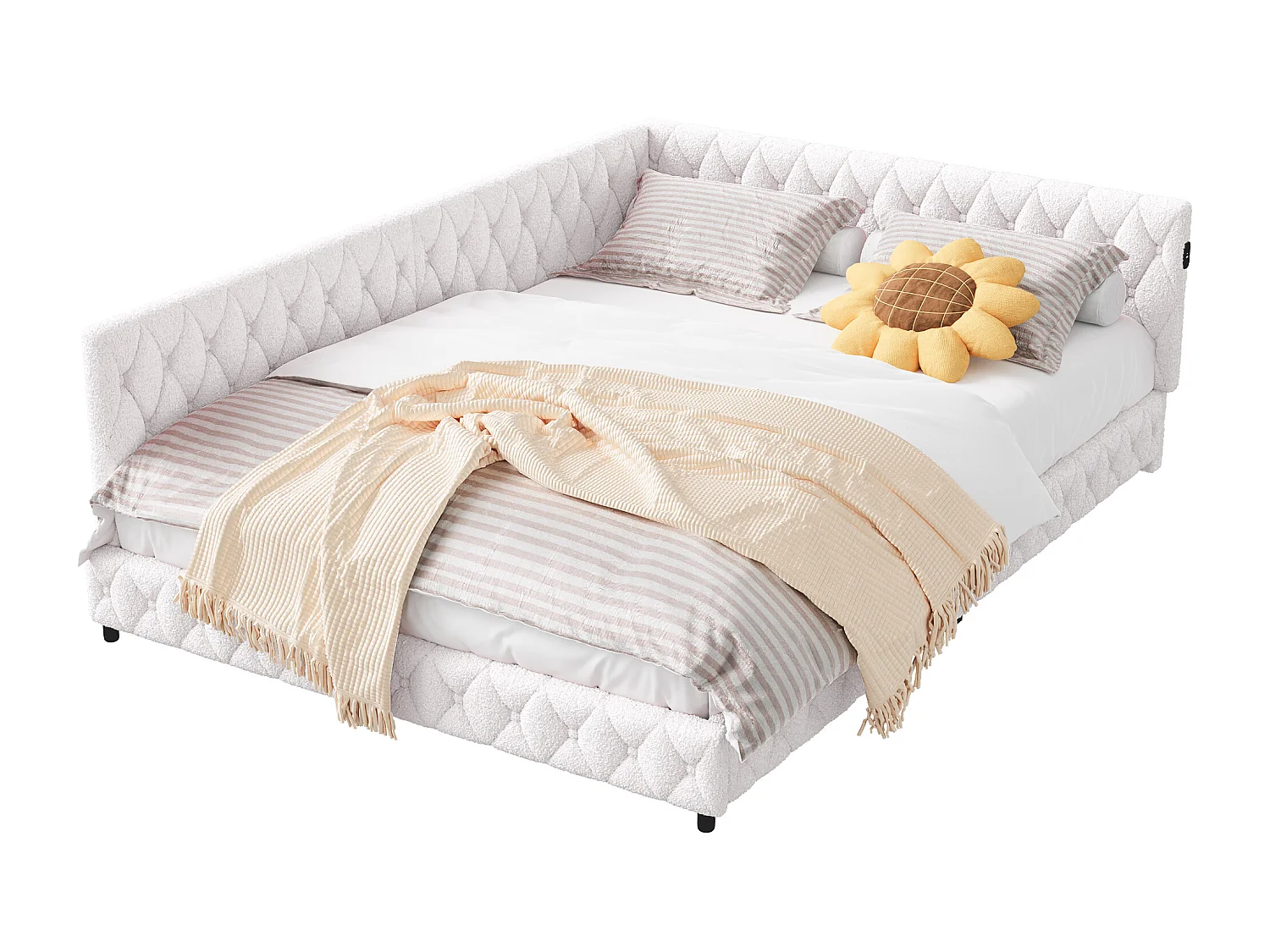 Bed 140x200cm, tweepersoonsbed met led-verlichting, USB-poort, type C, pluche stof, slaapbank, beige