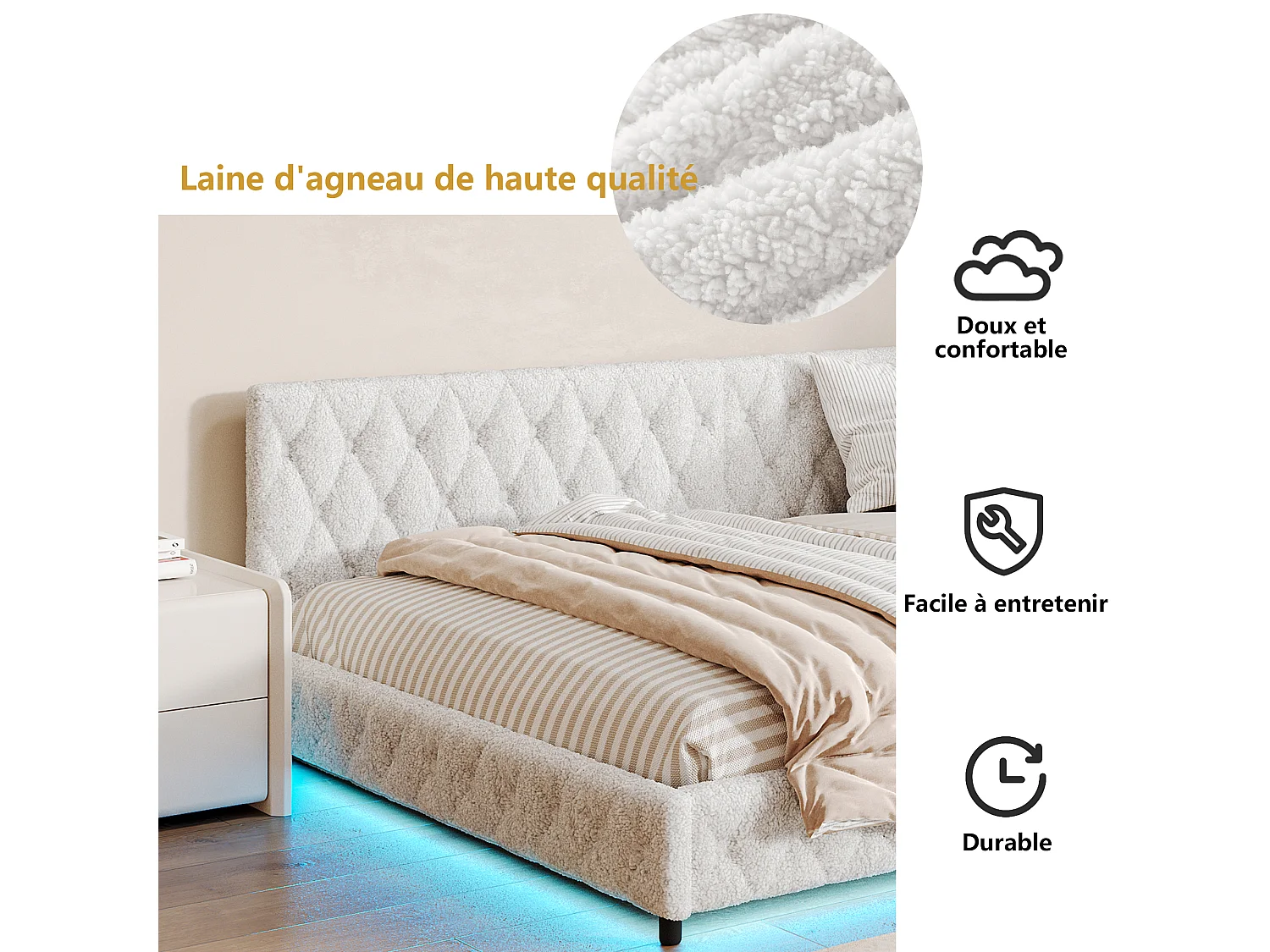 Lit 140x200cm, Lit Double Avec LED, Port USB, Type-c, Tissu En Peluche, Canapé-lit, Beige
