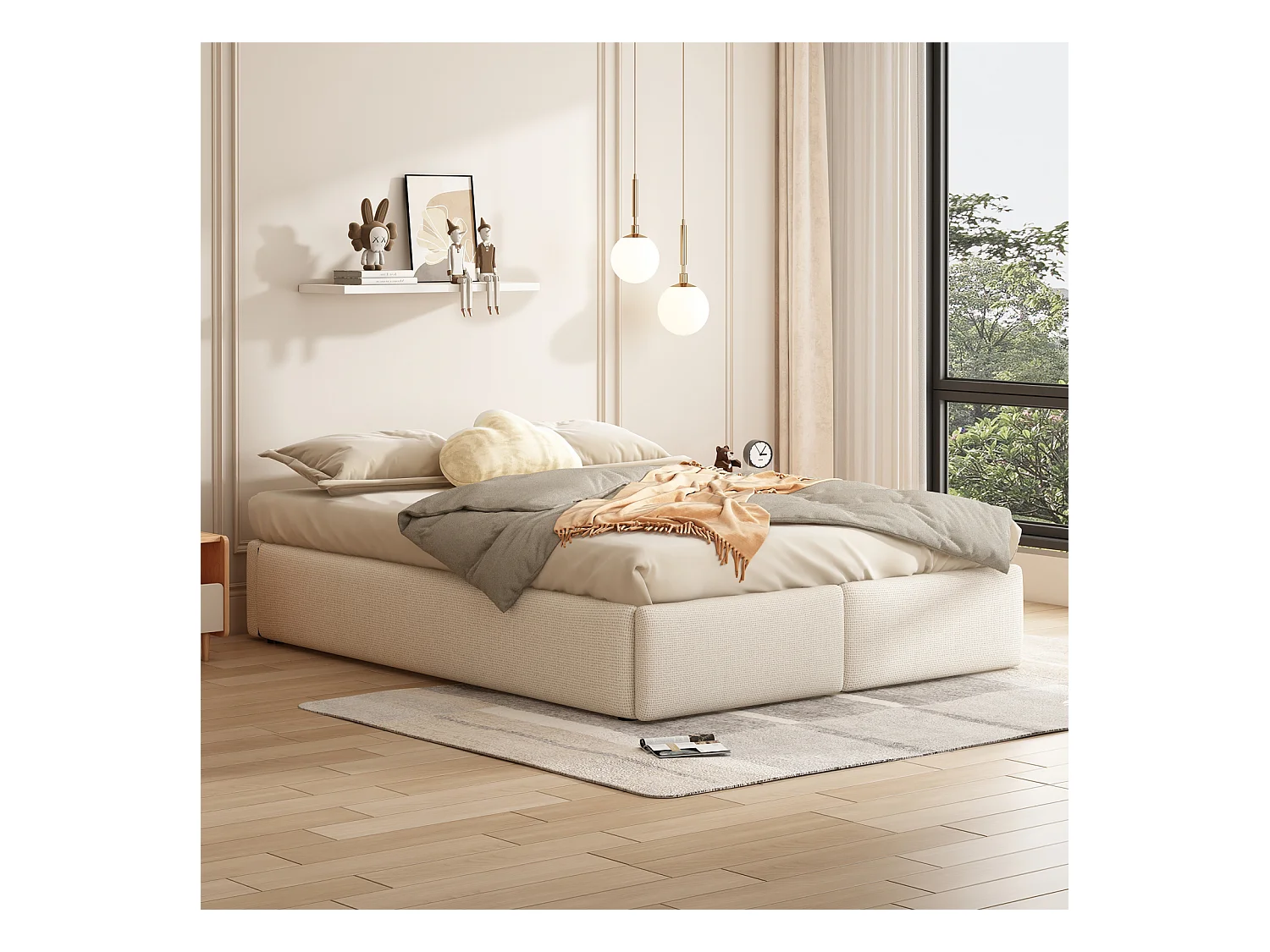 Lit Capitonné 160 X 200 Cm, Plate-forme Avec 2 Tiroir, Sans Tête De Lit, Beige