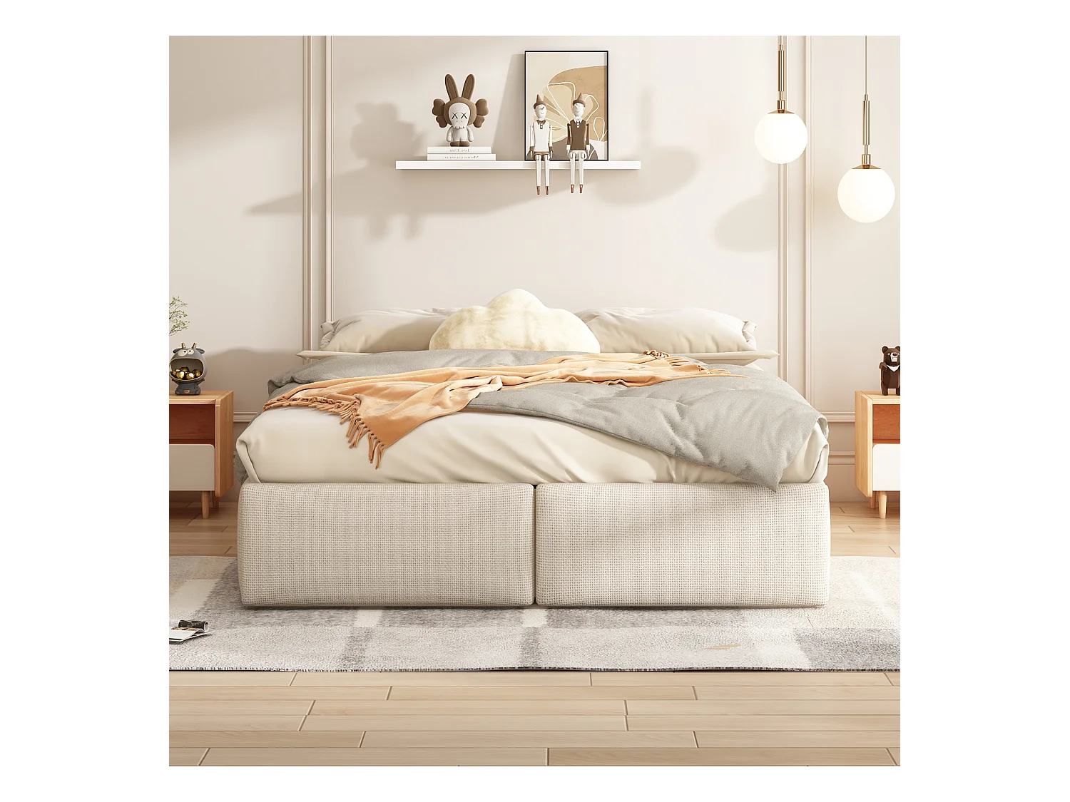 Lit Capitonné 160 X 200 Cm, Plate-forme Avec 2 Tiroir, Sans Tête De Lit, Beige