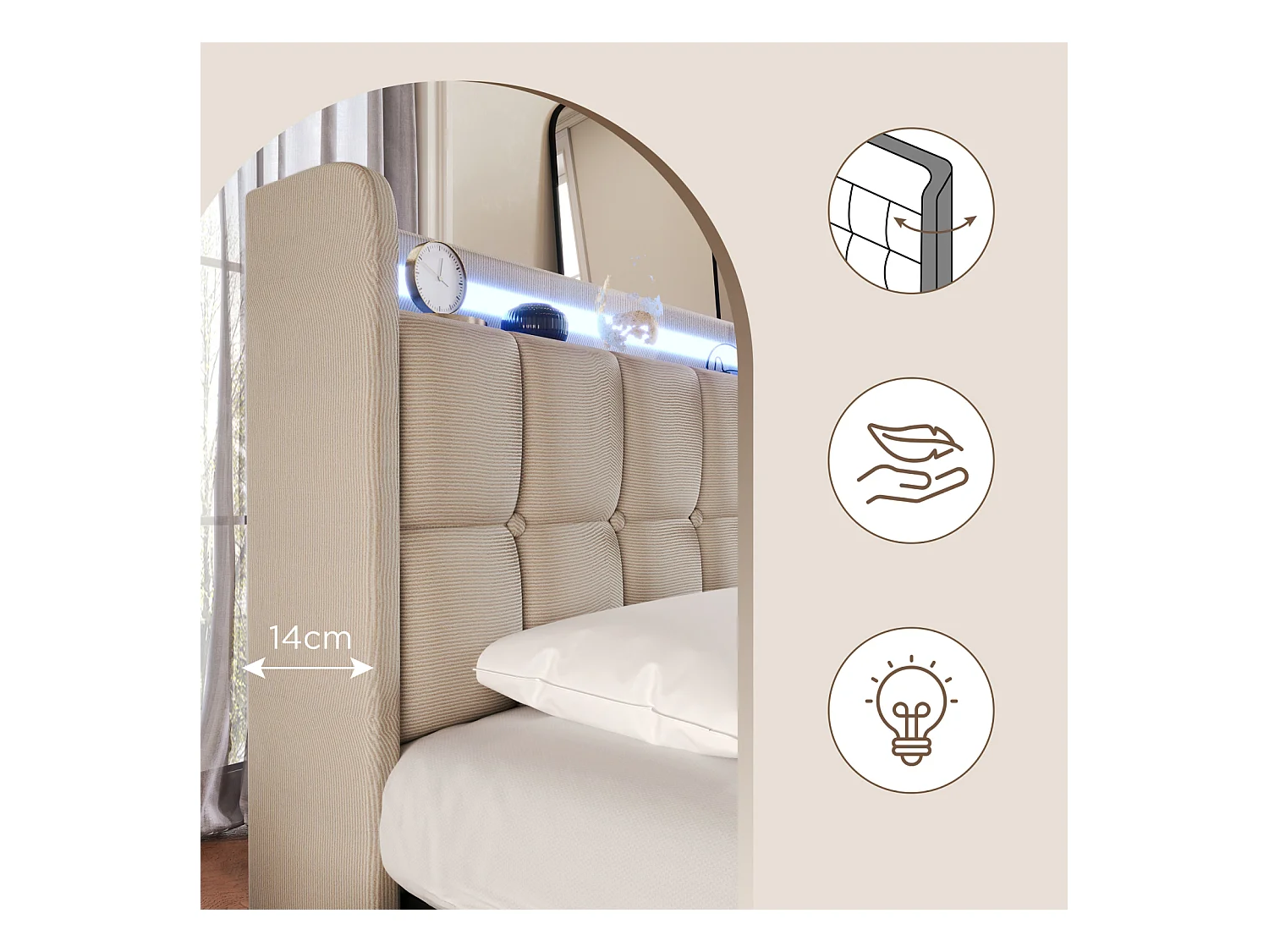 Lit Double 160x200 Cm Rembourré, Tête LED, 4 Tiroirs, USB, Lin Beige, Sans Matelas