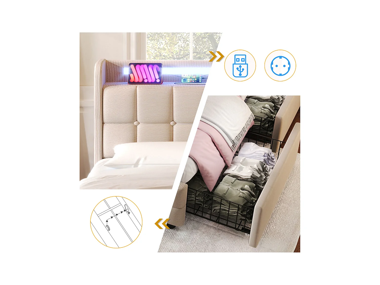 Lit Double 160x200 Cm Rembourré, Tête LED, 4 Tiroirs, USB, Lin Beige, Sans Matelas