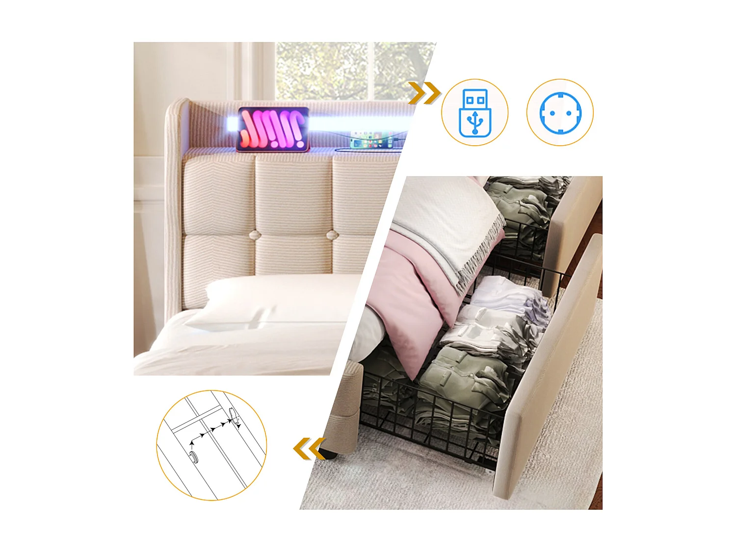 Tweepersoonsbed 160x200 cm gestoffeerd, LED-hoofdbord, 4 lades, USB, beige linnen, zonder matras