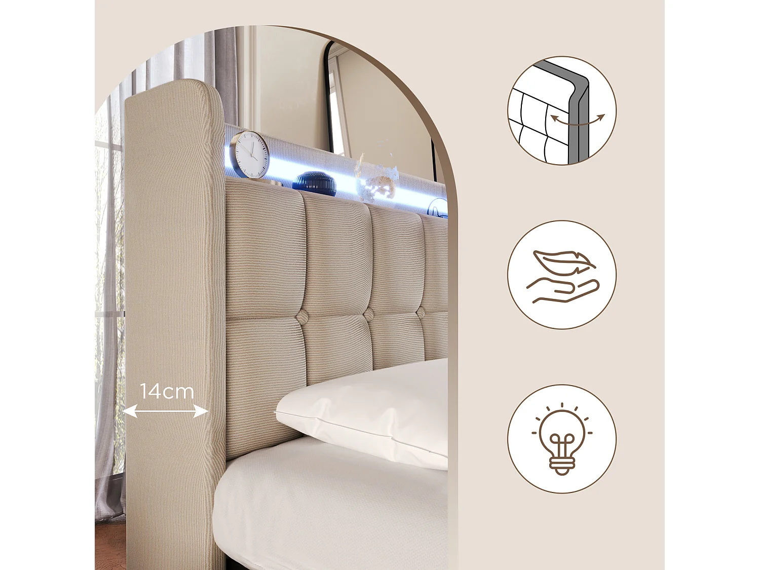 Letto matrimoniale 140x200 cm imbottito, testiera LED, 4 cassetti, USB, lino beige, senza materasso