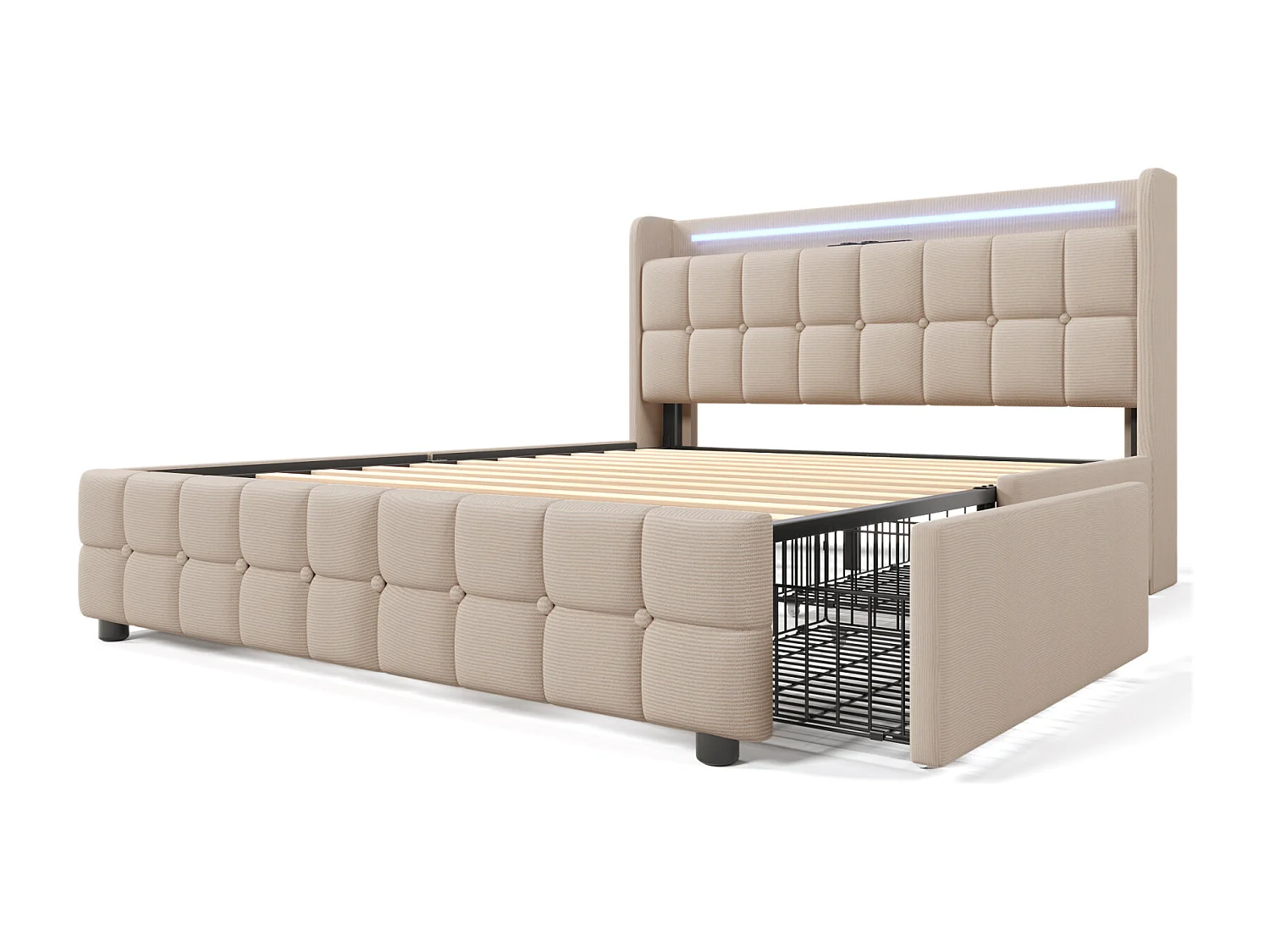 Letto matrimoniale 140x200 cm imbottito, testiera LED, 4 cassetti, USB, lino beige, senza materasso