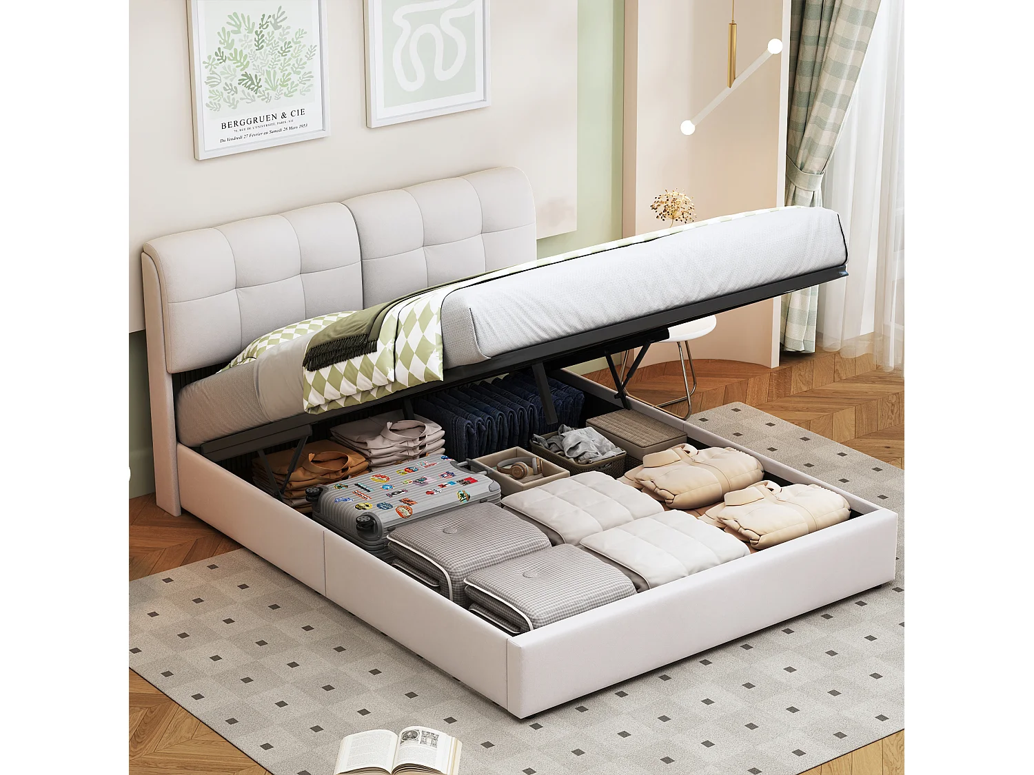 Lit 140x200 Avec Sommier LED, Lit Double Avec Sommier à Lattes Et Coffre De Lit, En Velours, Blanc