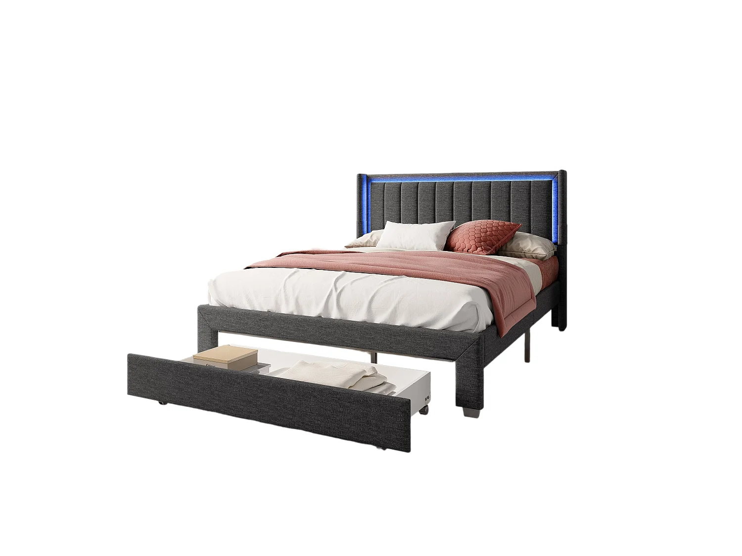 160x200 Stauraumbett mit USB und Schublade, Polsterbett mit Lattenrost, Doppelbett, Grau