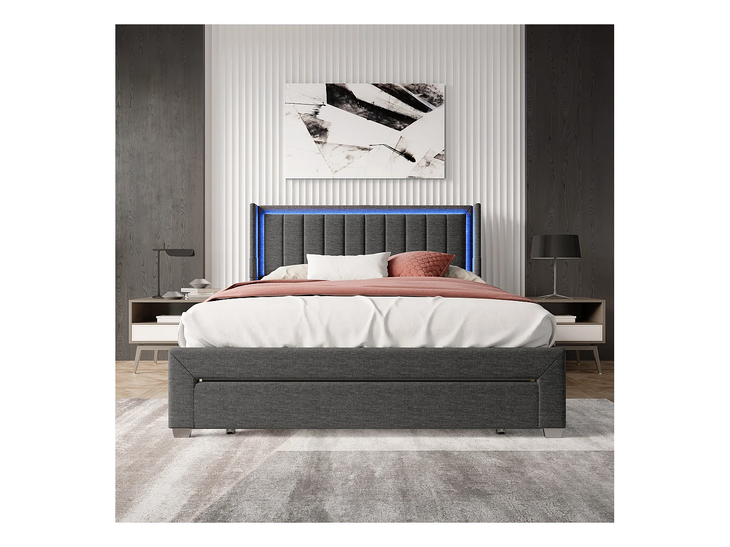 160x200 Stauraumbett mit USB und Schublade, Polsterbett mit Lattenrost, Doppelbett, Grau