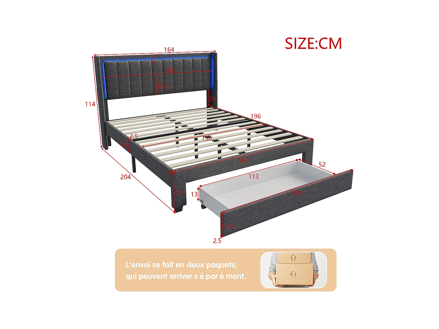 160x200 Stauraumbett mit USB und Schublade, Polsterbett mit Lattenrost, Doppelbett, Grau
