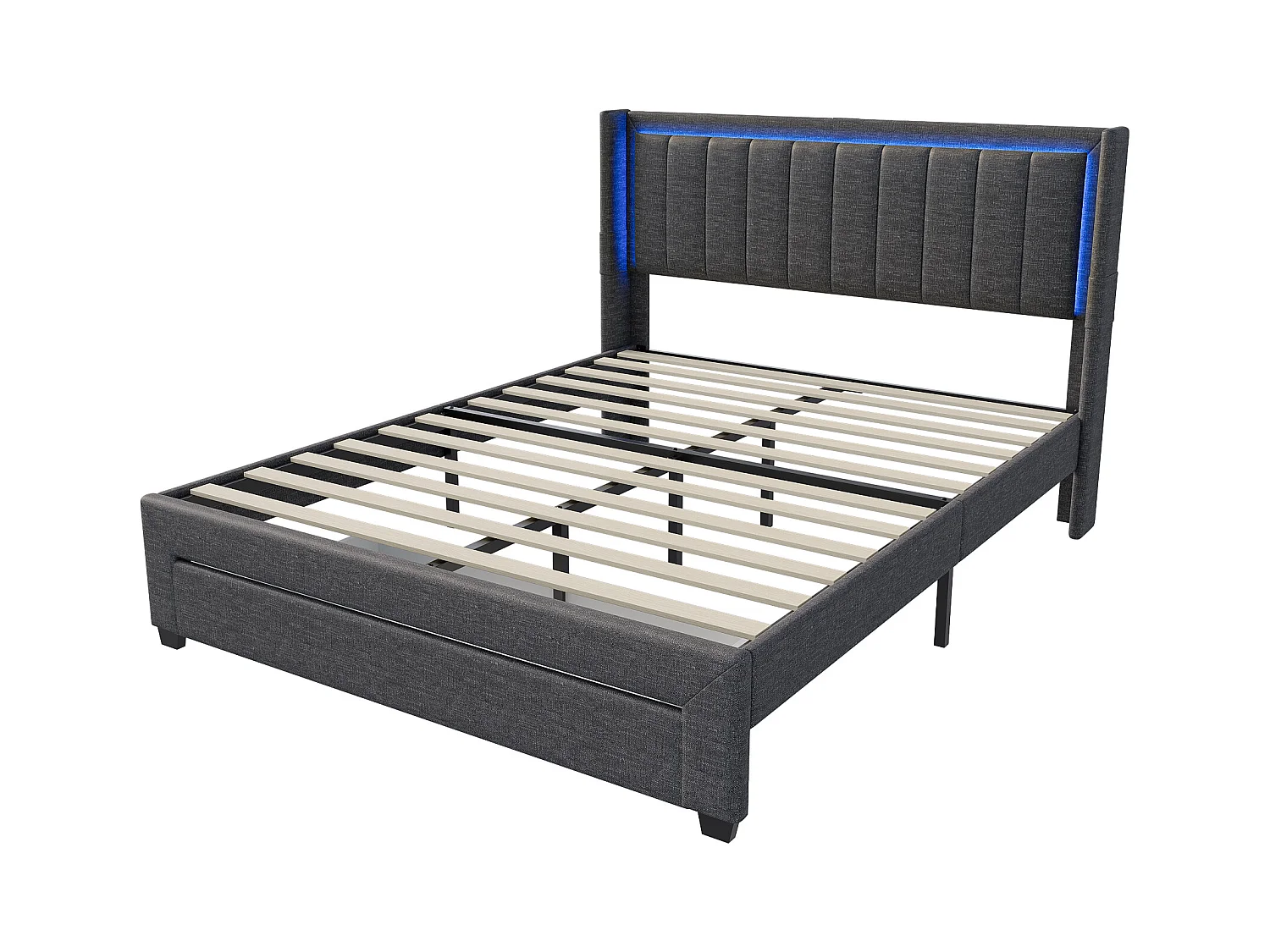 160x200 Stauraumbett mit USB und Schublade, Polsterbett mit Lattenrost, Doppelbett, Grau