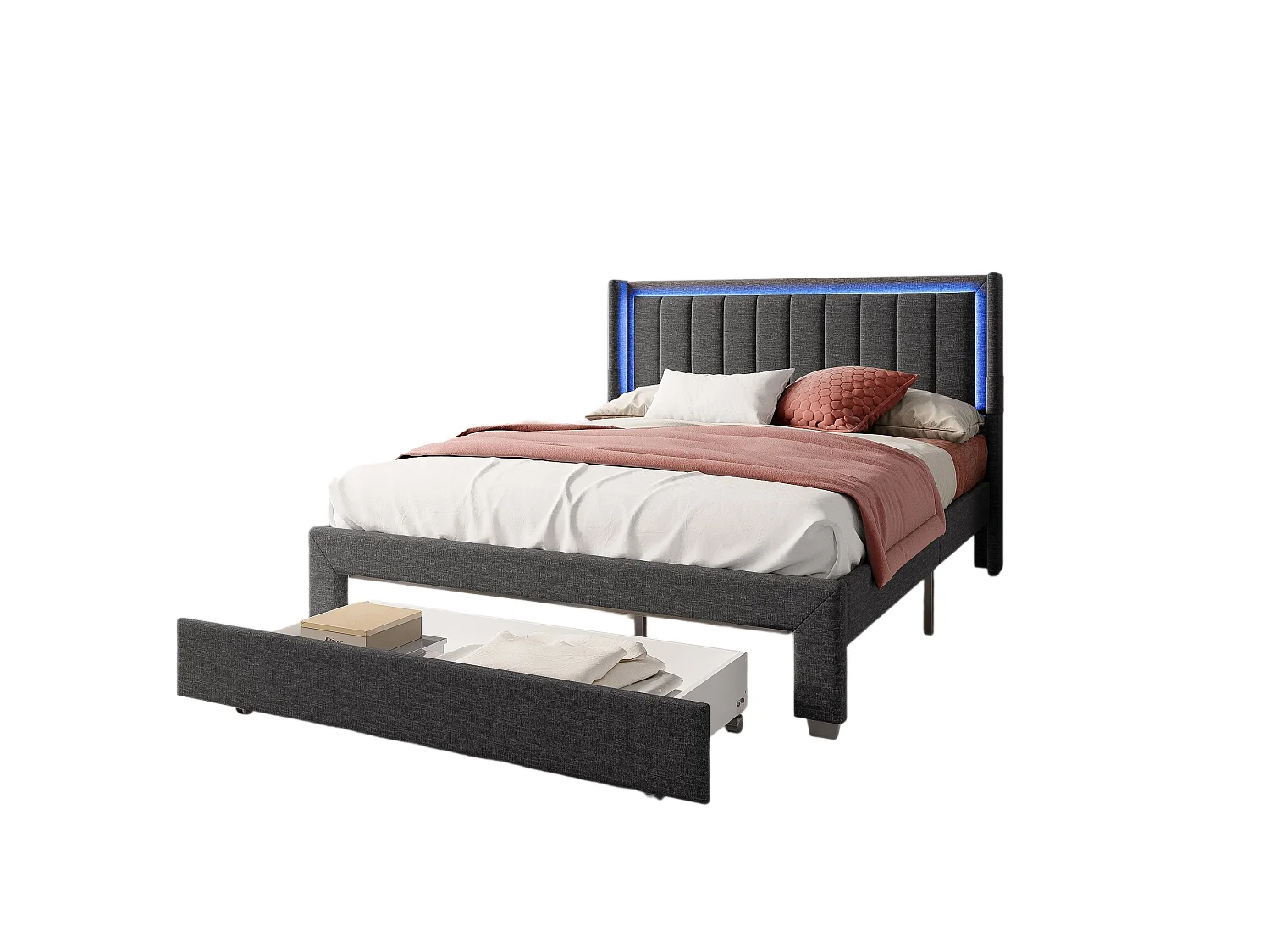 Letto contenitore 160x200 con USB e cassetto, letto imbottito con rete a doghe, letto matrimoniale, grigio