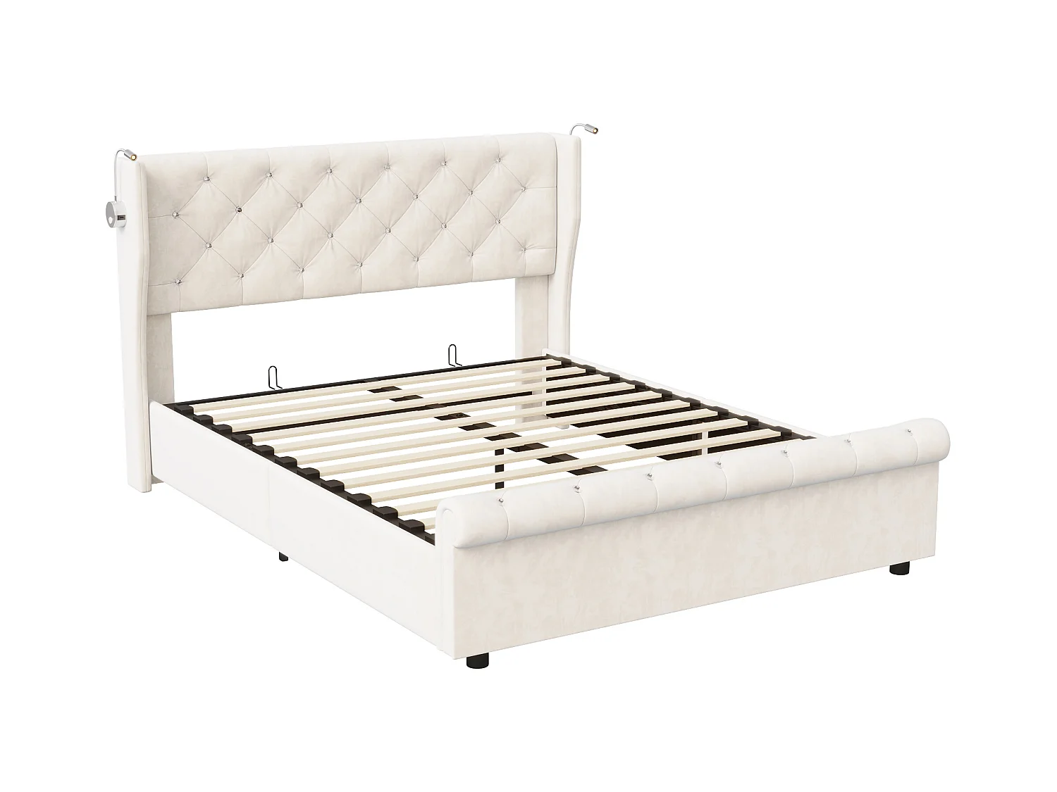 Lit Coffre 160x200cm Avec Tête De Lit, Liseuse Avec Chargement USB, Sommier à Lattes, Cadre De Lit