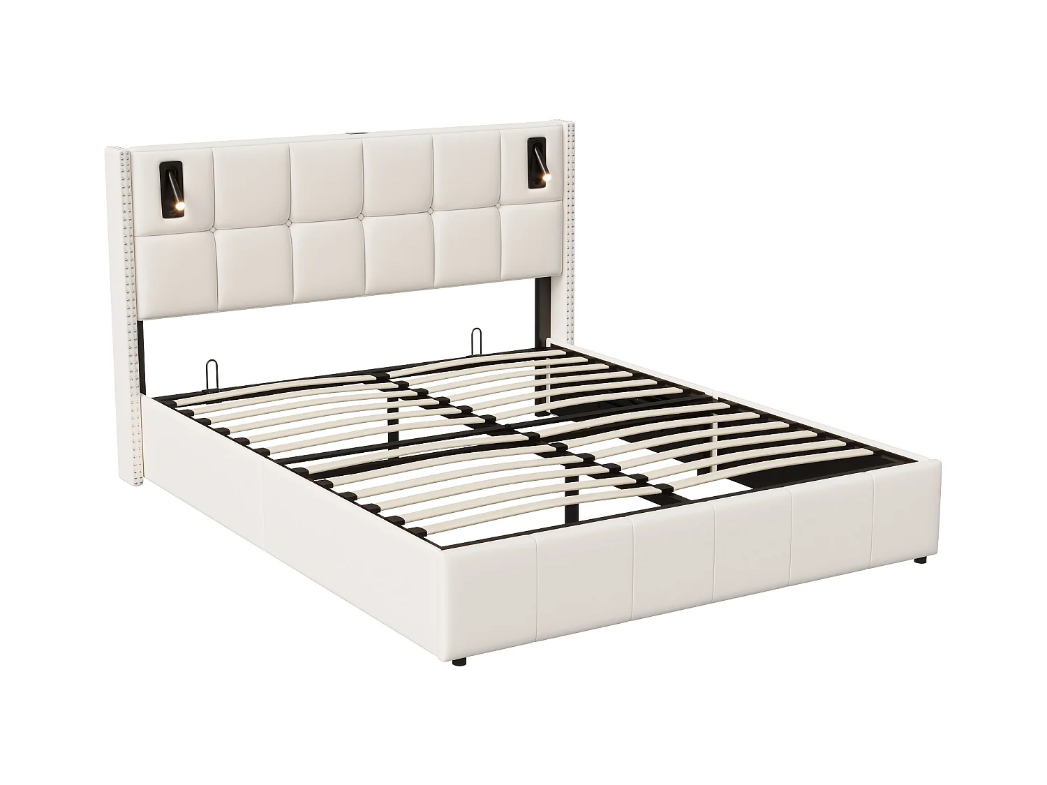 160x200 cm Stauraumbett mit Lattenrost, Polsterbett mit USB- und Typ-C-Anschluss, LED, Samt, Beige