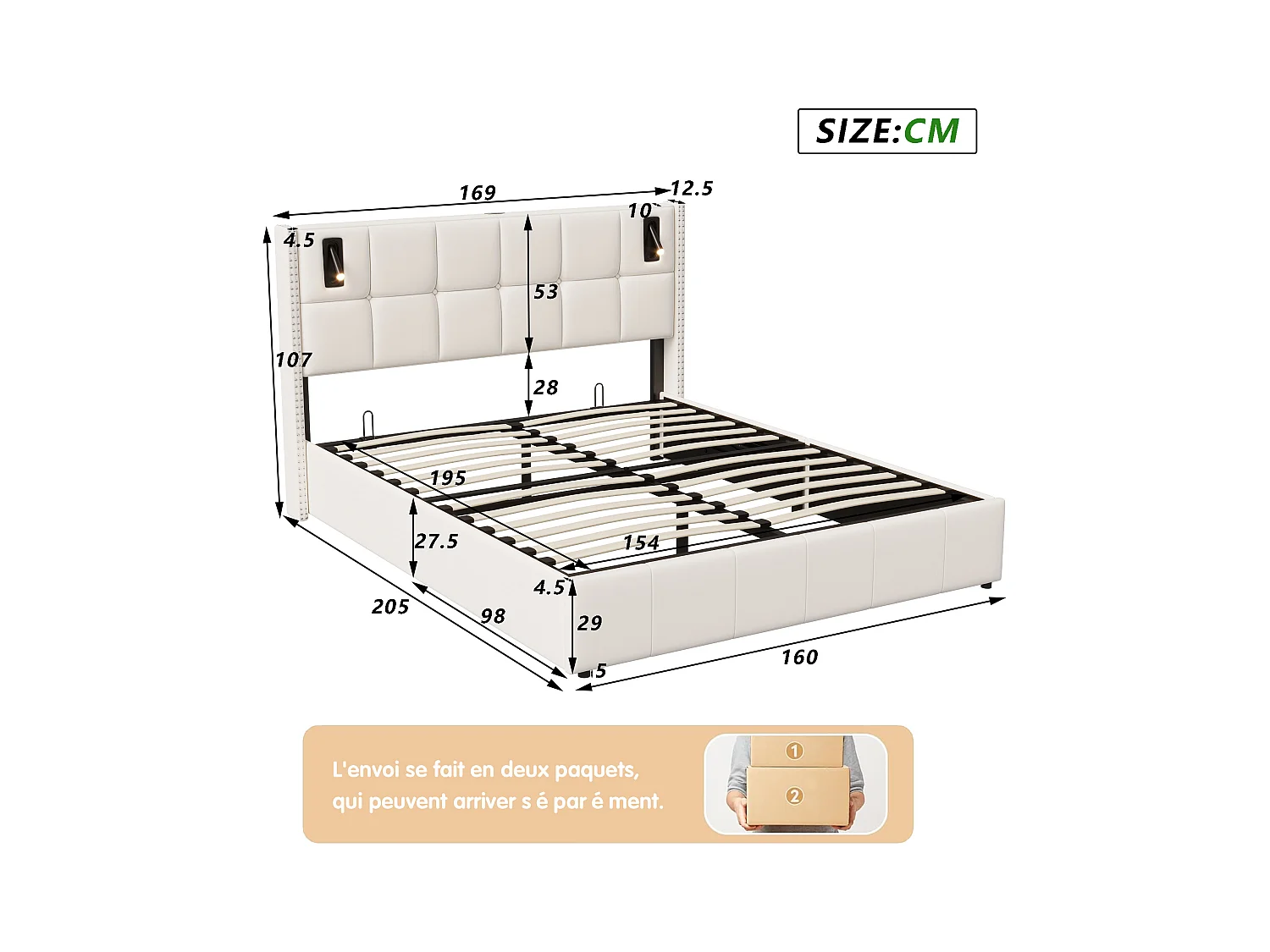 Letto contenitore 160x200 cm con base, letto imbottito con porta USB e Type-C, LED, velluto, beige