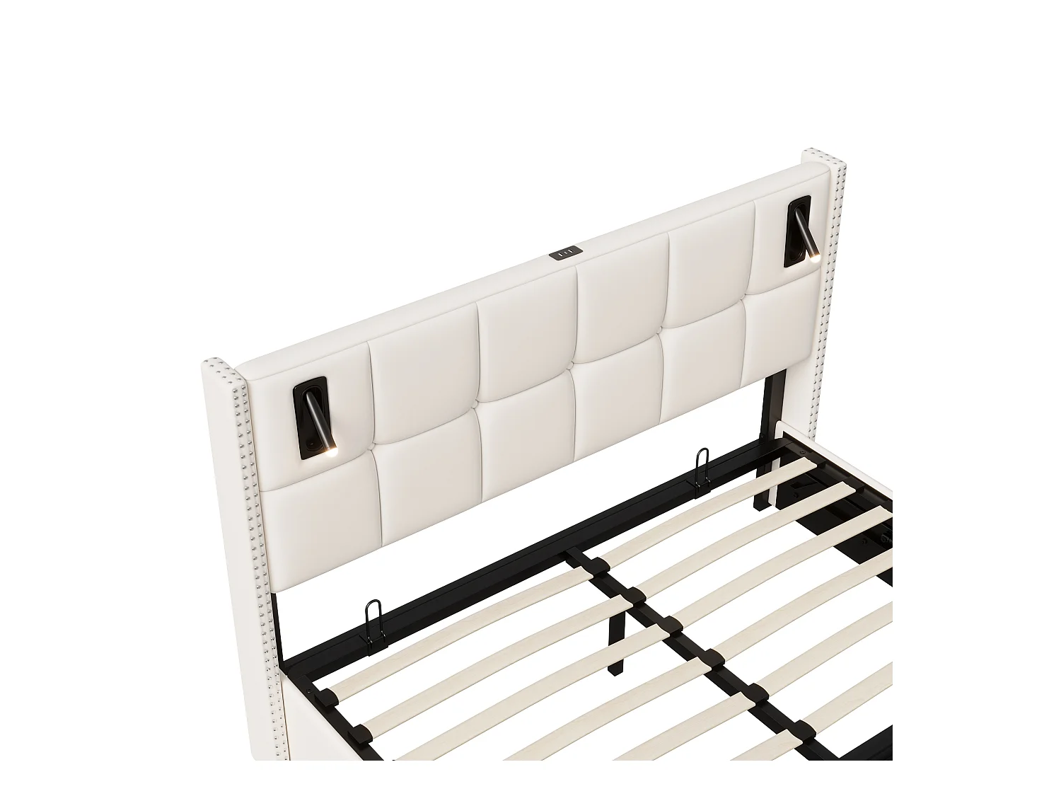 Letto contenitore 160x200 cm con base, letto imbottito con porta USB e Type-C, LED, velluto, beige