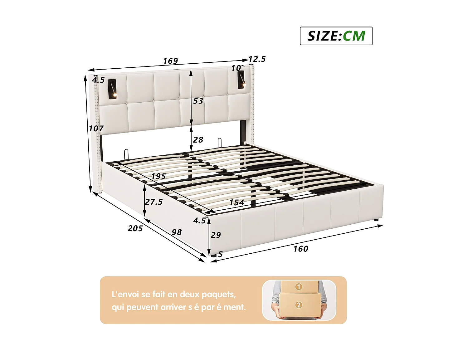 Lit Coffre 160x200 Cm Avec Sommier, Lit Capitonné Avec Port USB Et Type-c, LED, Velours, Beige