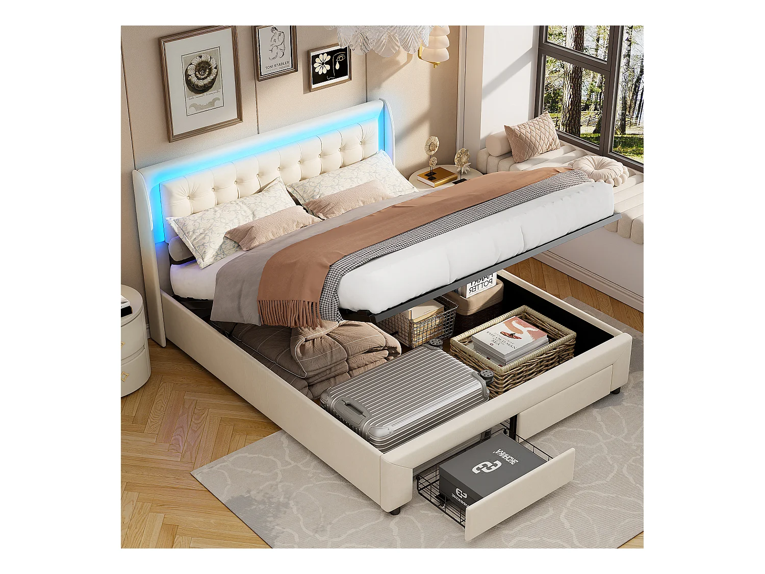 Lit Coffre 140x190cm,Lit Double Avec 2 Tiroirs De Rangement Et LED,Sommier à Lattes, Velours, Beige