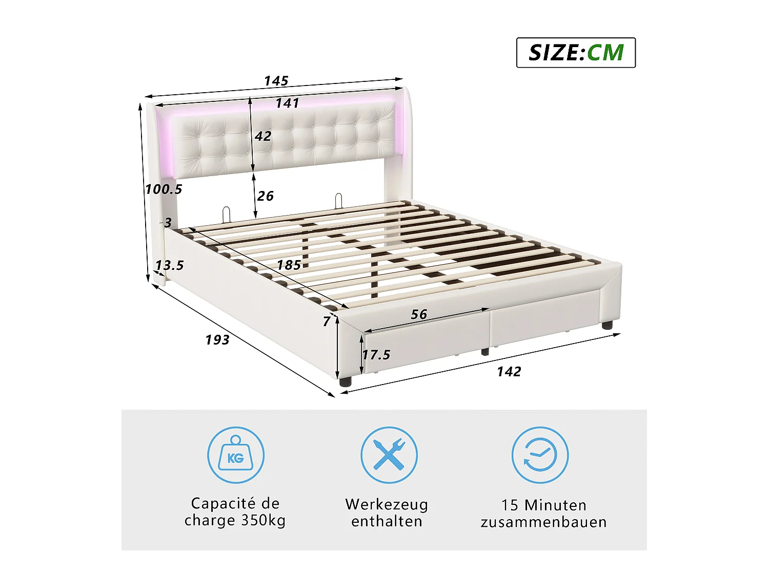Lit Coffre 140x190cm,Lit Double Avec 2 Tiroirs De Rangement Et LED,Sommier à Lattes, Velours, Beige