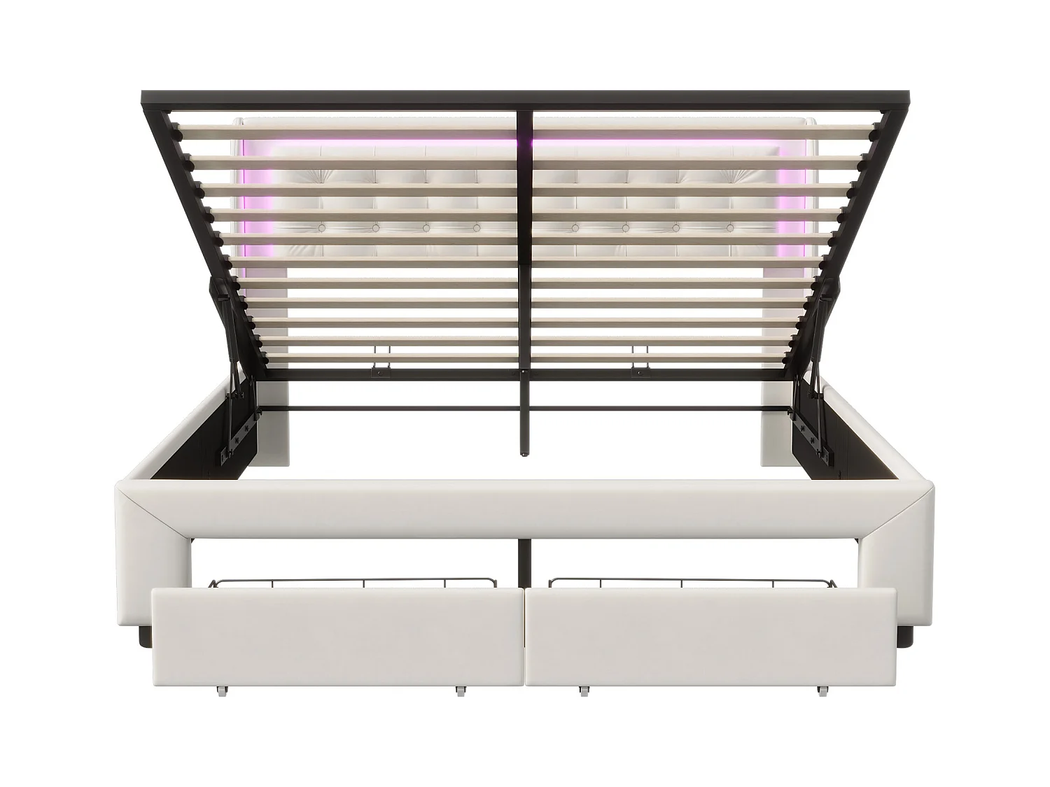 Lit Coffre 140x190cm,Lit Double Avec 2 Tiroirs De Rangement Et LED,Sommier à Lattes, Velours, Beige
