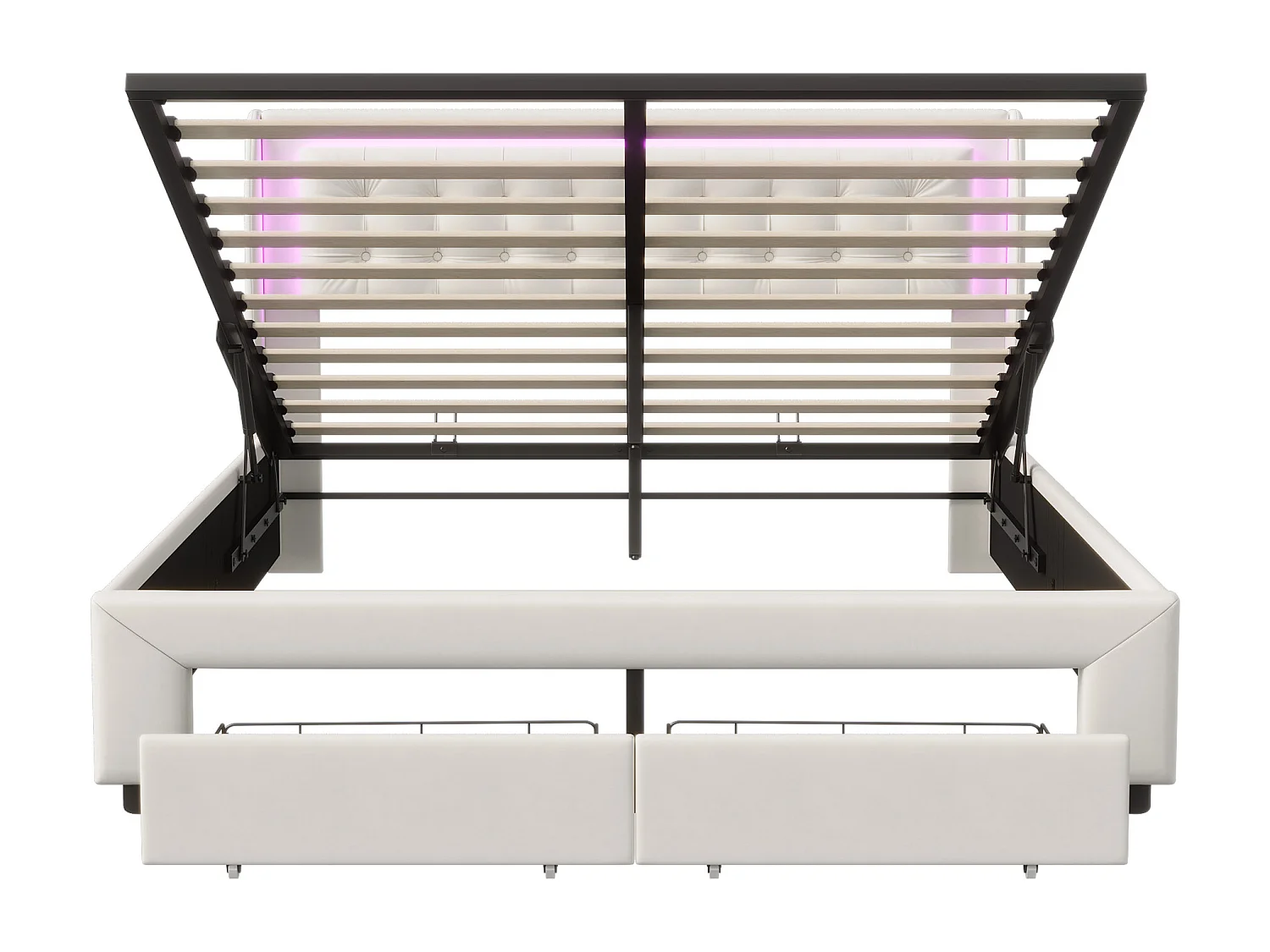 Lit Coffre 140x190cm,Lit Double Avec 2 Tiroirs De Rangement Et LED,Sommier à Lattes, Velours, Beige