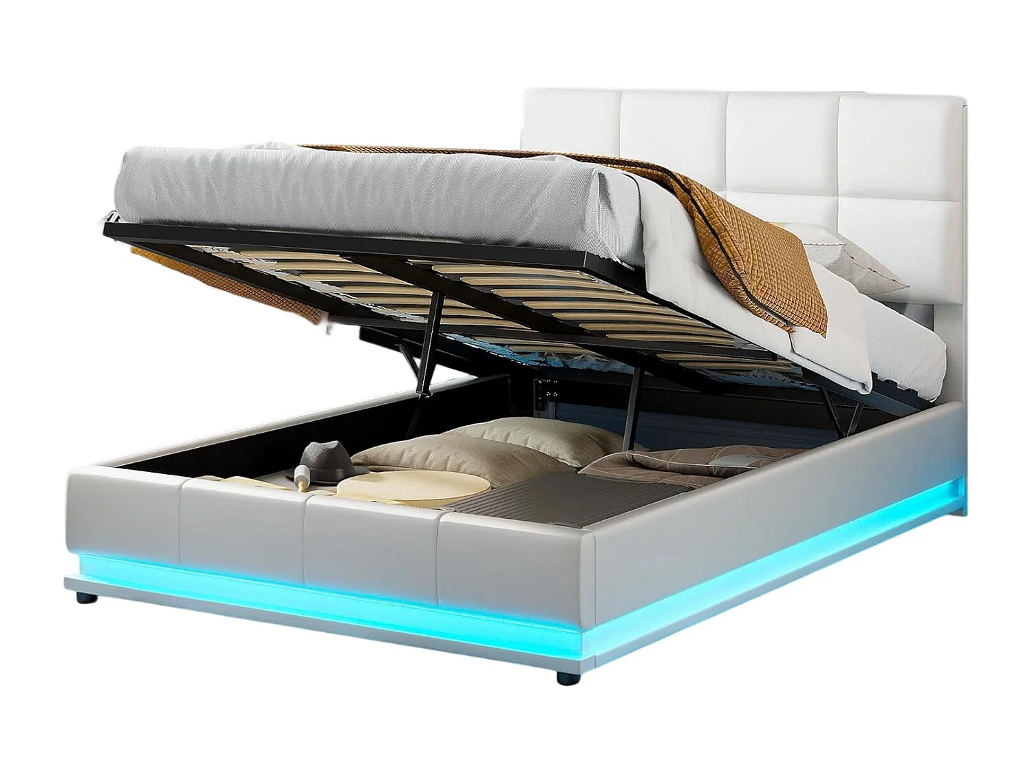 Letto contenitore 140x190 cm, letto matrimoniale imbottito con alzata idraulica e rete a doghe, bianco