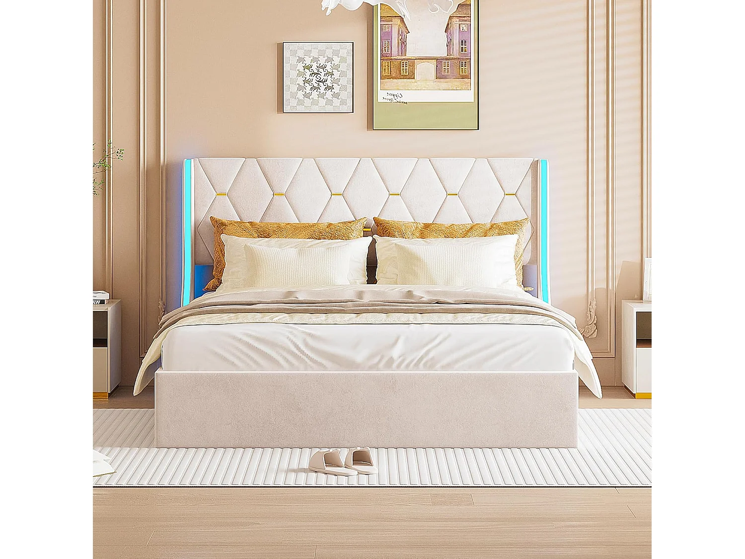 Bed 140x190 cm met lattenbodem en led-verlichting, bed met opbergruimte 140x190 lattenbodem, fluweel, beige