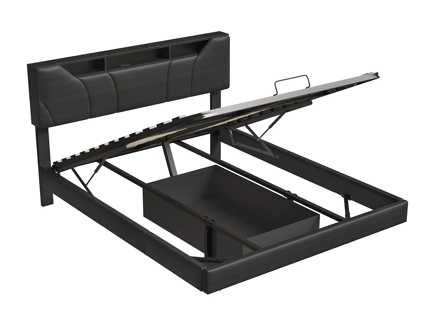 Lit 140x200 Cm Avec Éclairage LED, Lit Coffre Avec Port USB, Tête De Lit Réglable En Hauteur, Noir