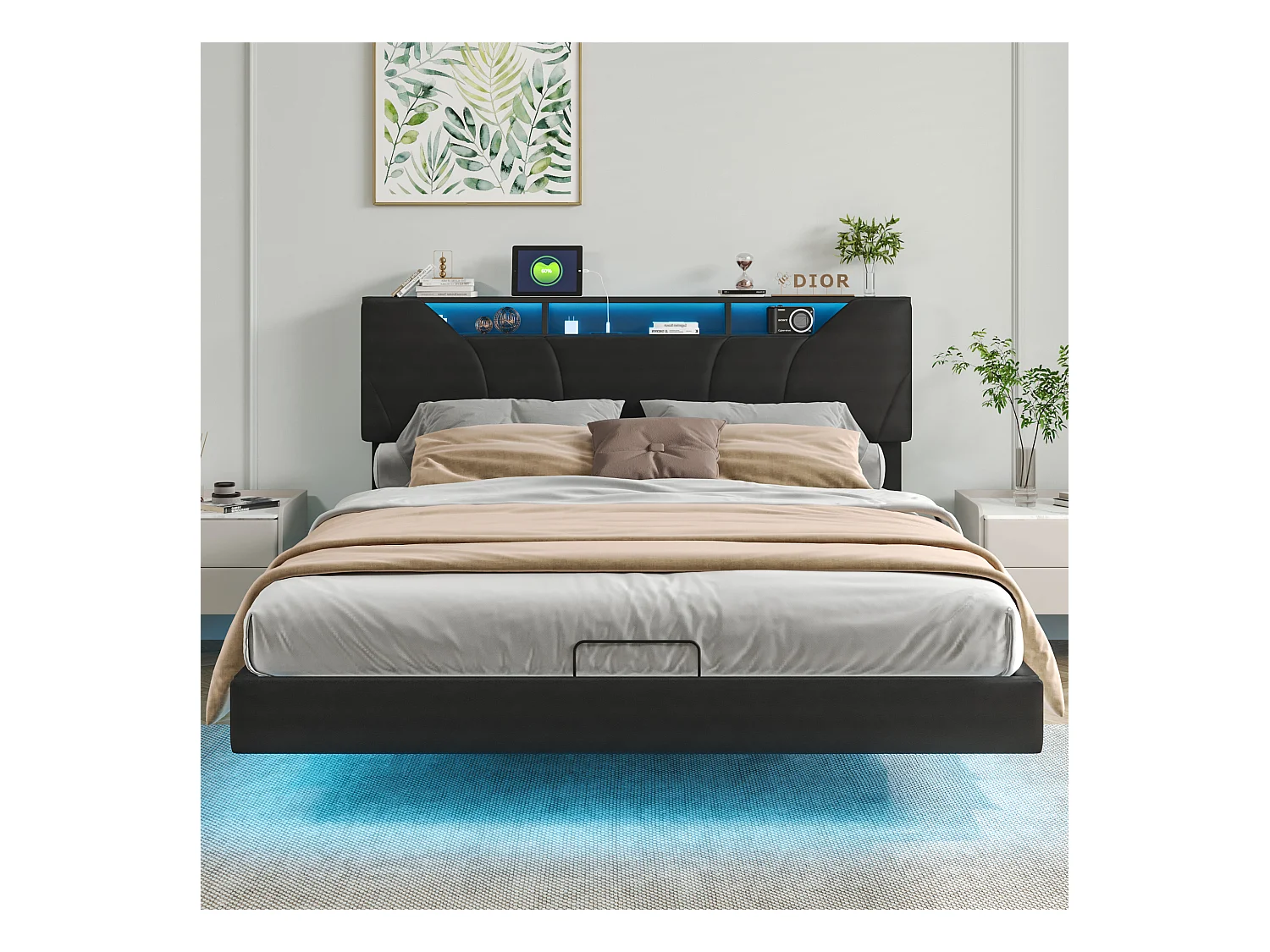 Cama 140x200 cm com iluminação LED, Cama com arrumação e porta USB, Cabeceira ajustável em altura, Preto