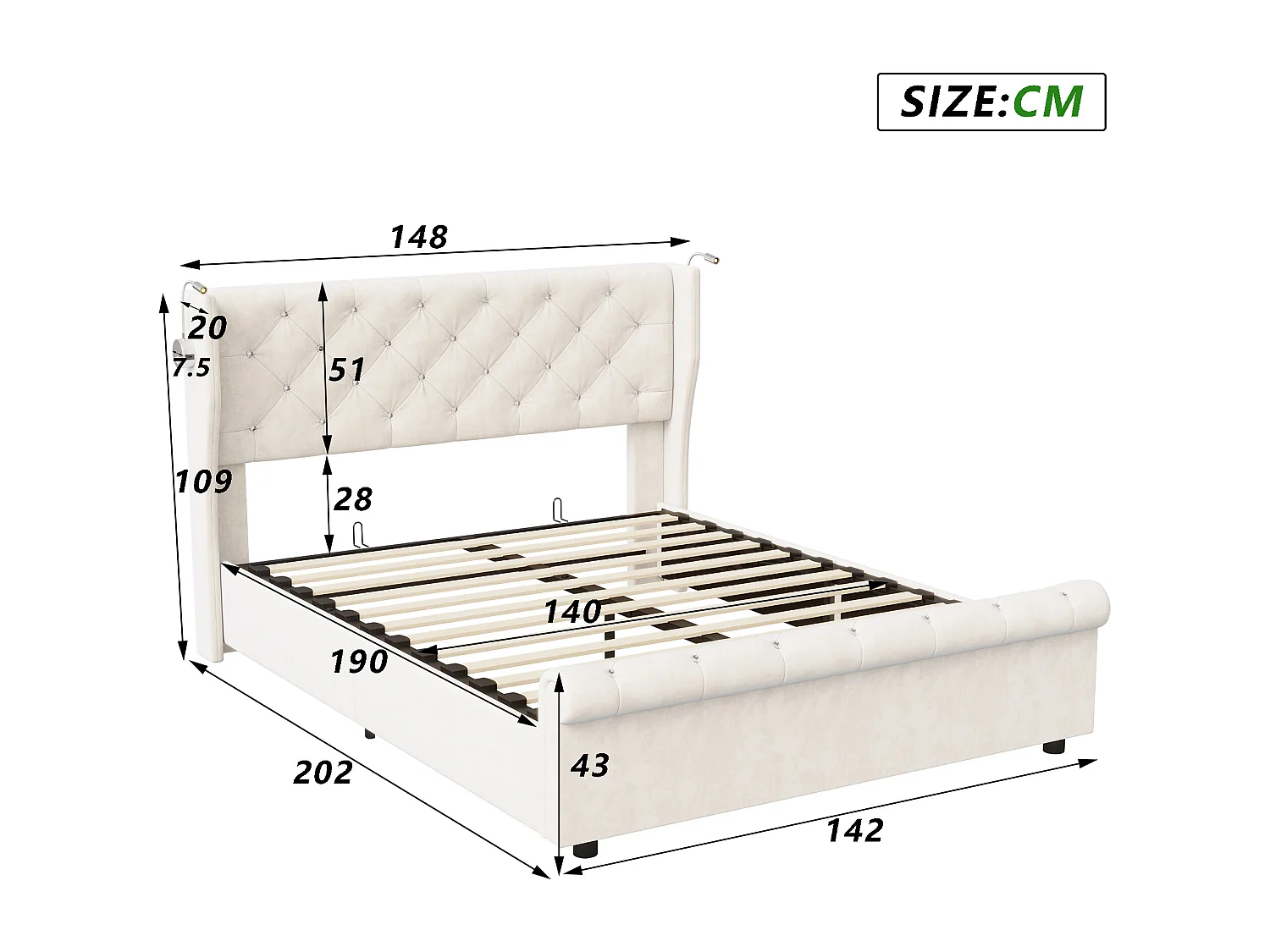 Cama com armazenamento de 140 x 190 cm com cabeceira, luz de leitura com carregamento USB, base de ripas, estrutura de cama