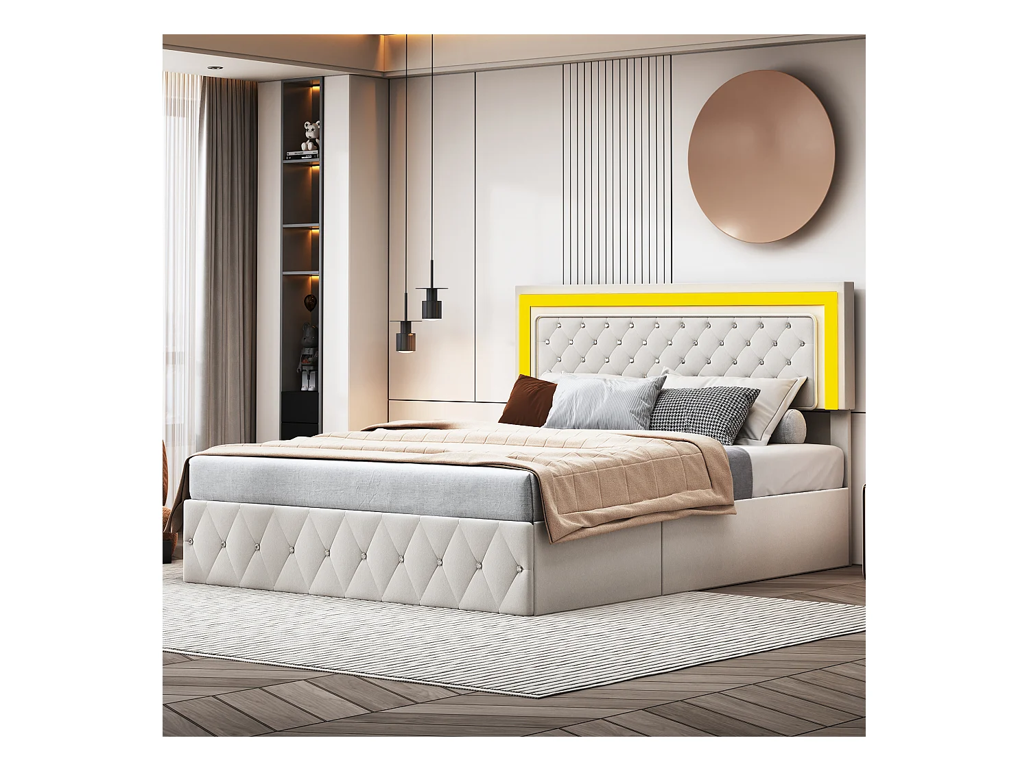 Lit Coffre 140x200 Cm En Velours - Avec LED Et Sommier à Lattes - Lit Double De Rangement - Beige