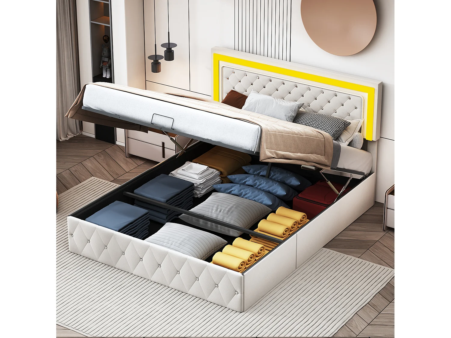 Lit Coffre 140x200 Cm En Velours - Avec LED Et Sommier à Lattes - Lit Double De Rangement - Beige