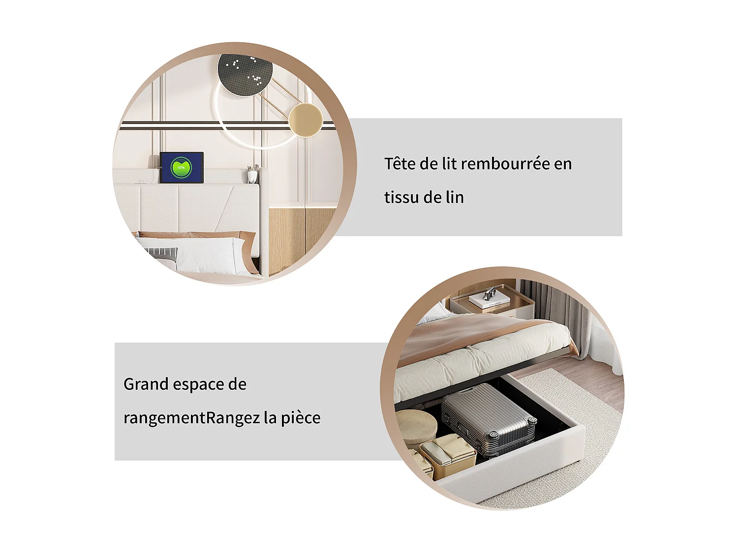 Cama de armazenamento 160x200 com USB e Tipo C, cama estofada com base de ripas, cama de casal, bege