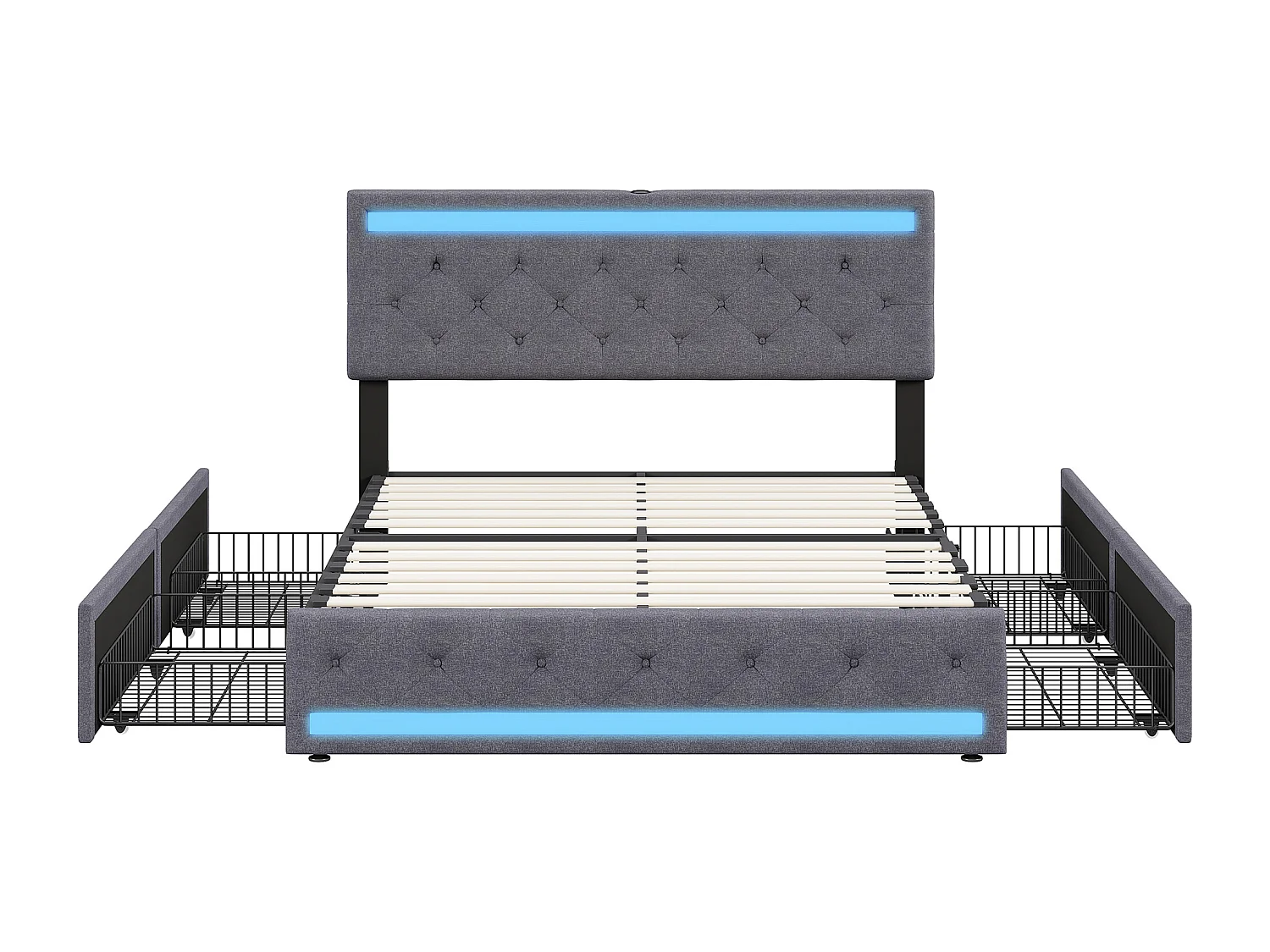 Lit Rembourré 140x190 Cm, LED, 4 Tiroirs, USB, Coffre En Lin, Sommier Bois -gris