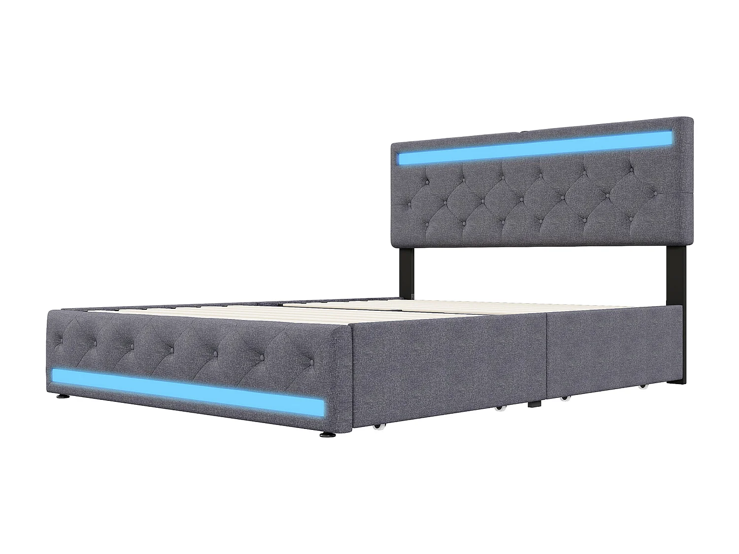 Lit Rembourré 140x190 Cm, LED, 4 Tiroirs, USB, Coffre En Lin, Sommier Bois -gris