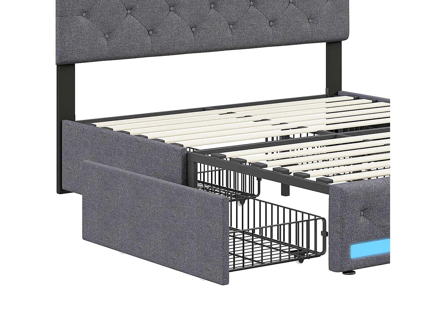 Lit Rembourré 140x190 Cm, LED, 4 Tiroirs, USB, Coffre En Lin, Sommier Bois -gris