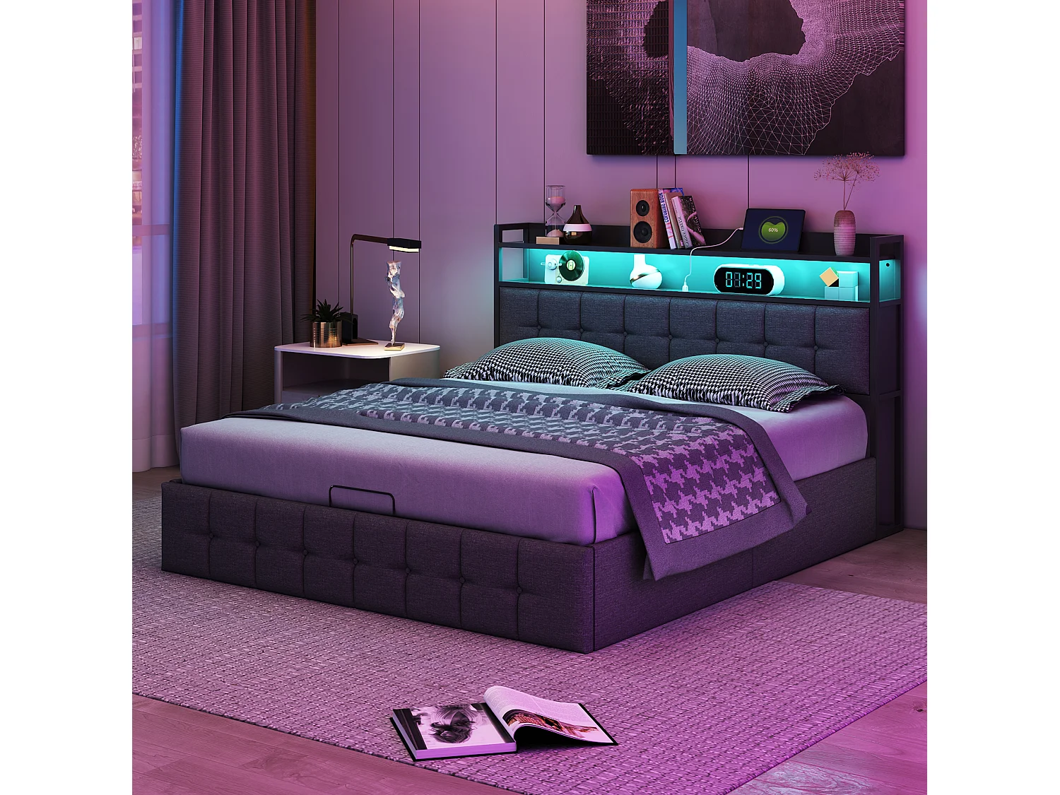 Cama estofada com armazenamento 140x200 cm em tecido de linho - com LED e porta de carregamento - cinza