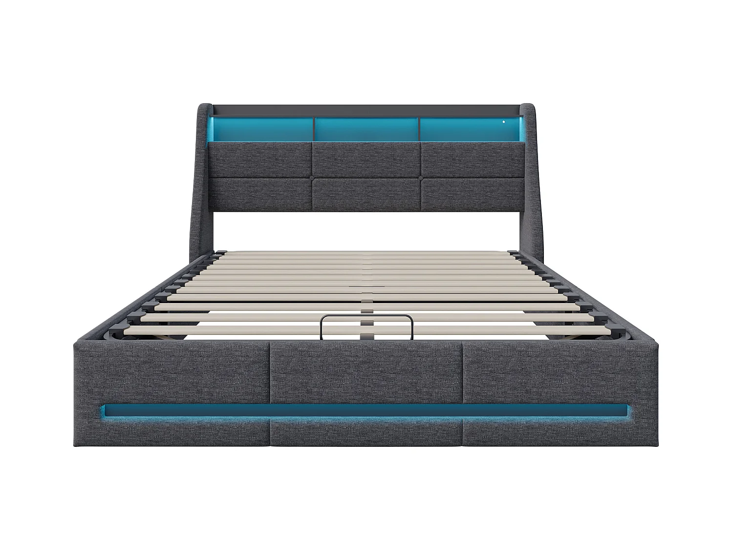 Lit 140x190 Avec Sommier LED Et USB, Lit Coffre Avec Rangement Et Tete De Lit, Gris