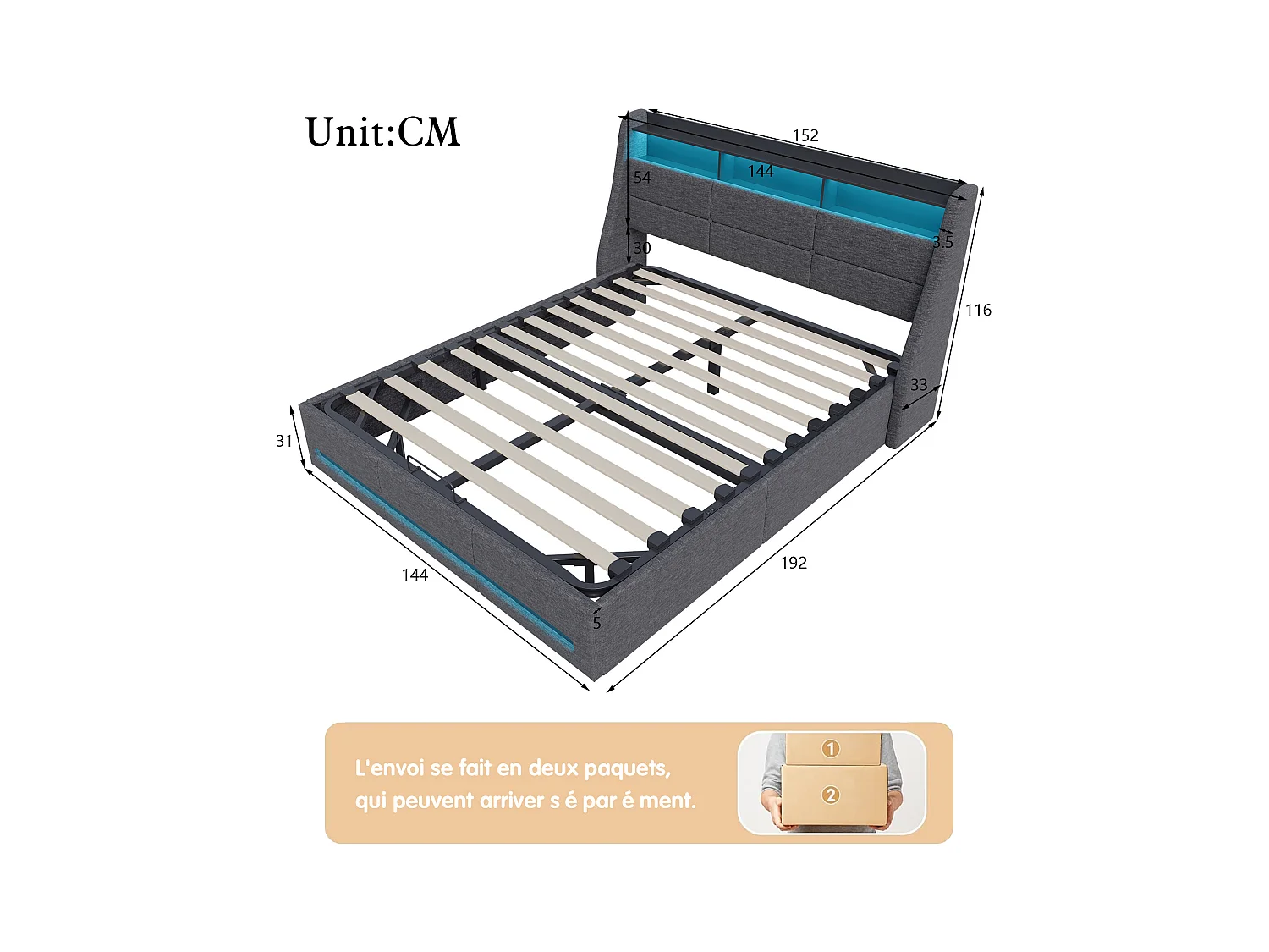 Letto 140x190 con base LED e USB, letto contenitore con testiera, grigio